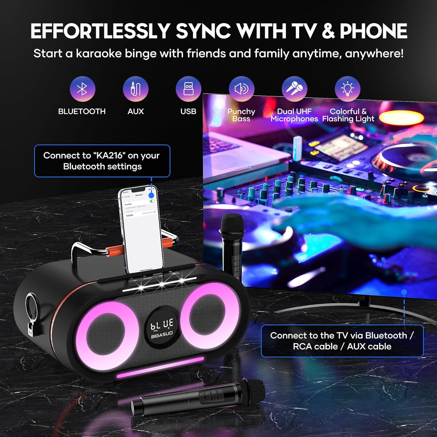 BIGASUO Karaoke Machine with Rich Deep Bass Explosive Flashing Lights for Adults Portable Bluetooth Singing PA Speaker System with 2 UHF Wireless Microphones for Home Party Wedding Outdoor