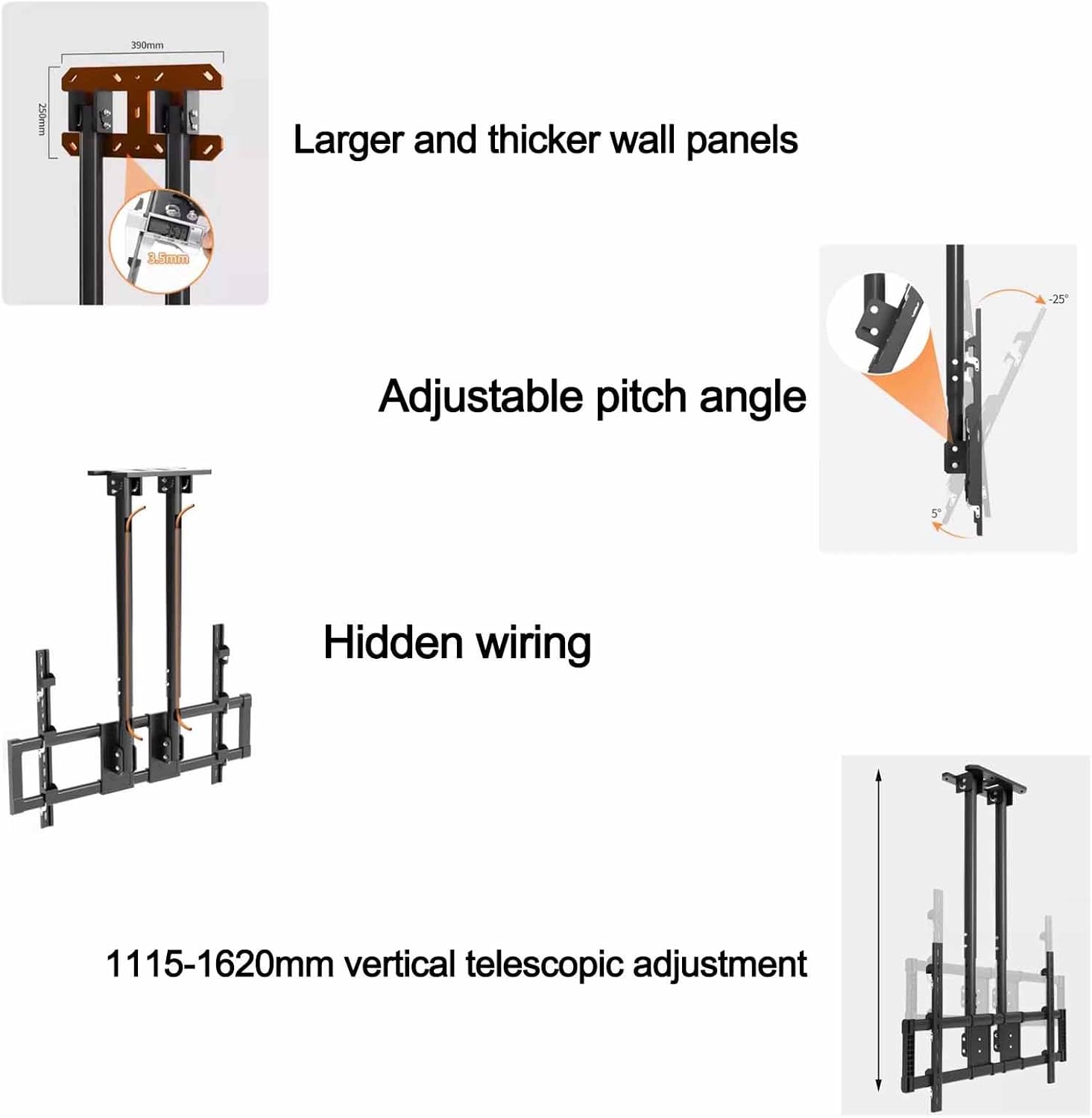 Ceiling TV Stand - Tv Wall Mount, Fits 60-120inch LCD Flat Screen TVs Adjustable Height Telescoping Lift, 5 to -25° Pitch Wall TV Mount Bracket,Ceiling TV Mount, Metal Expansion Screw Fixin