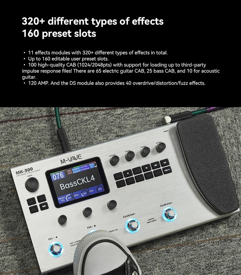 MK-300 Guitar Multi-Effects Pedal with 3.5'' LCD Screen, 320+ Effects,100 Cabs, 301.7s Looper, 128 Drum Machine,120 Amp Modeling, ANN Modelling Technology, USB,XLR and MIDI Support.