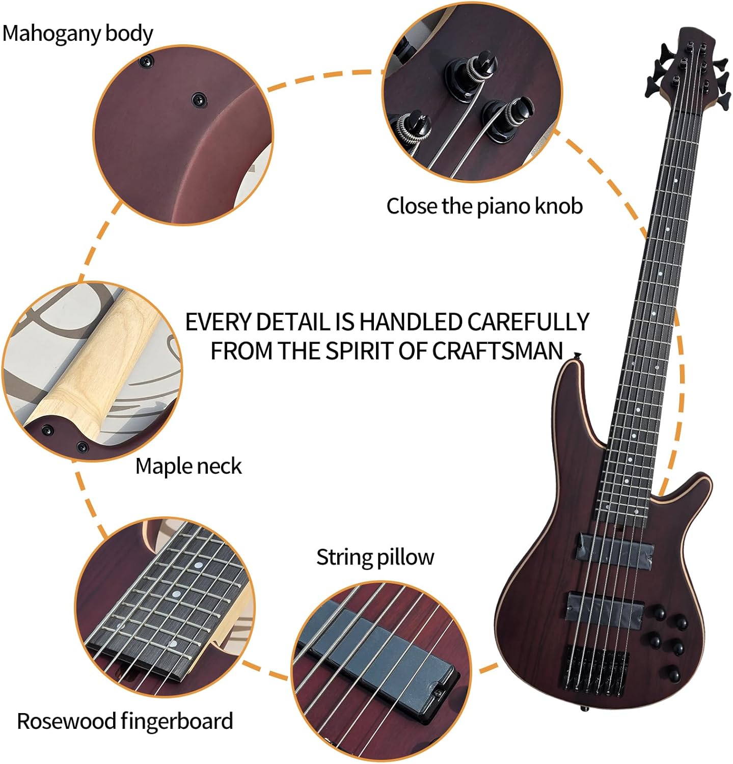 6 String Electric Bass Full Size 6 String Electric Bass Guitar, Electric Bass Guitar Electric Bass, Solid Mahogany Body with Rosewood+Maple Surface, Maple Neck, Rosewood Fingerboard (BLACK)