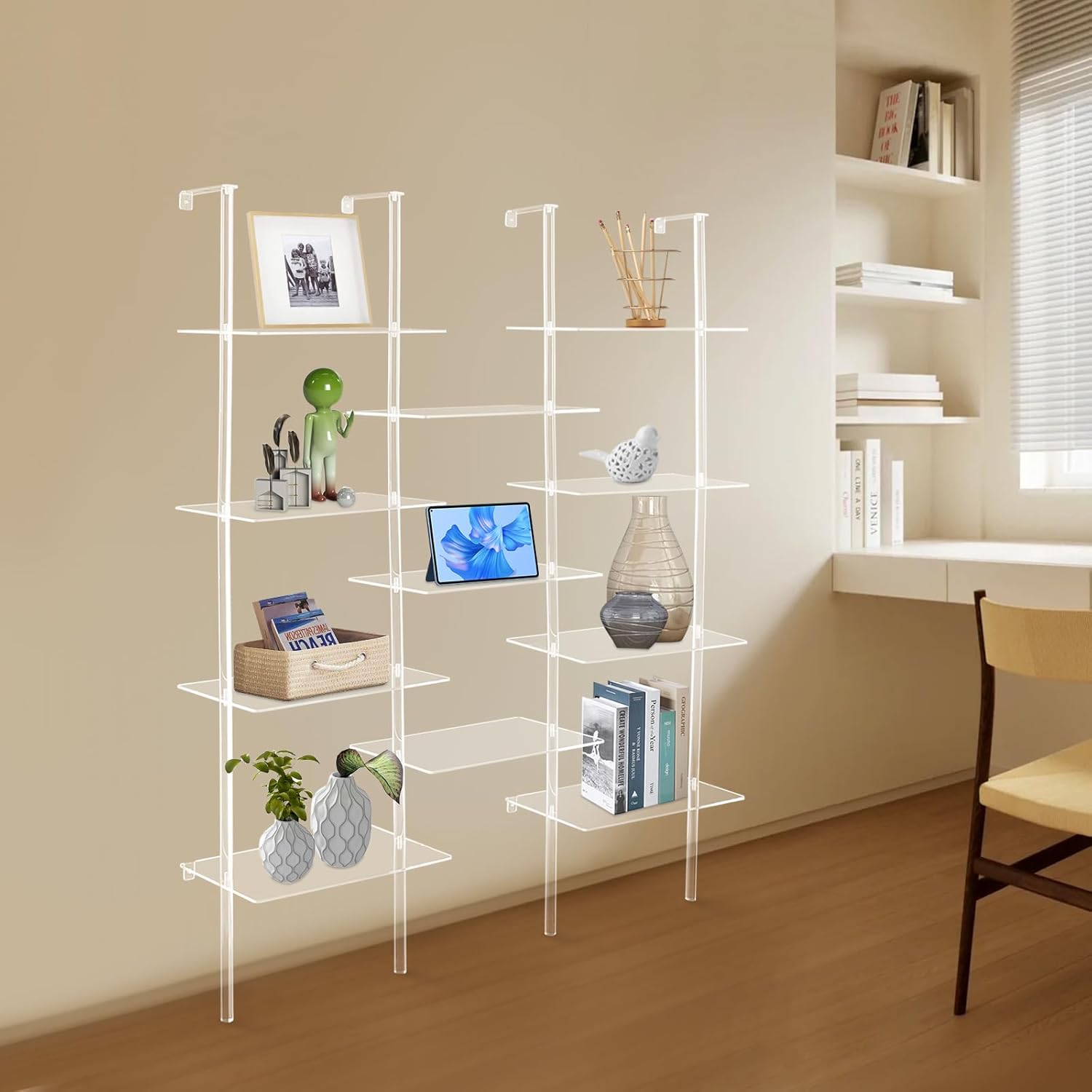 Acrylic Geometric Bookshelf, Clear Modern Bookcase with 22 lbs Capacity per Tier, Wall Mount & Freestanding Display Shelf for Living Room, Bedroom and Office (59.4 inch)