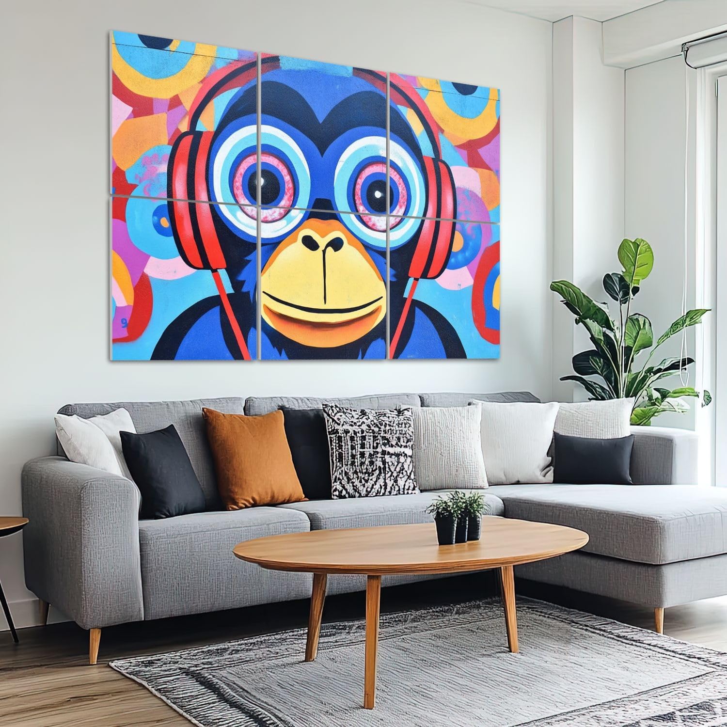 6 Pack Art Acoustic Panels Sound Absorbing Graffiti Monkey Headphones Street Pop Art Circular Patterns Large Eyes Decorative Soundproof Wall Panels Self Adhesive for Recording Studios Office 72