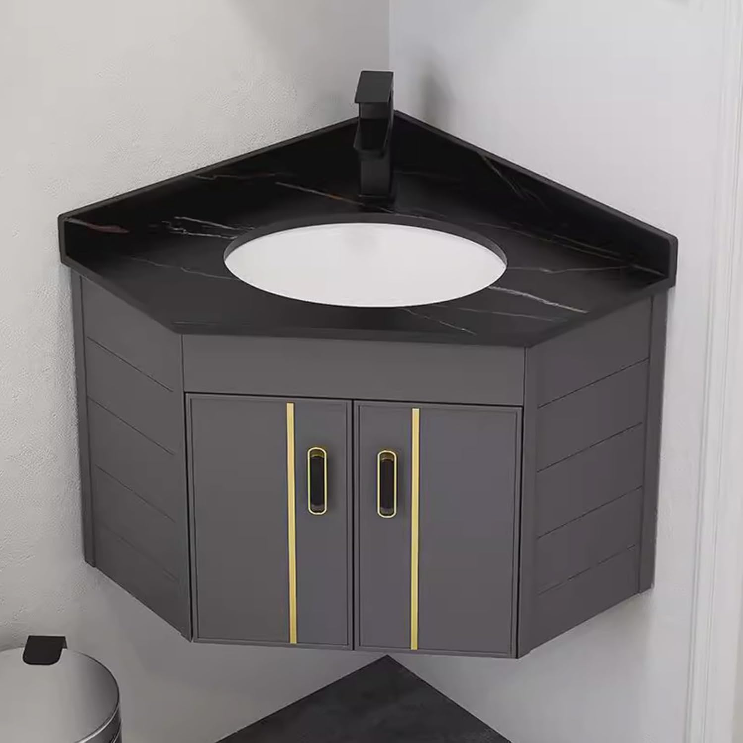 Small Corner Bathroom Cabinet Vanity With Sink Vanity, Corner Sink Bathroom Narrow Depth Vanities, Wall Mount Vessel Sink With Storage Space Hot & Cold Faucet Combo,for Small Space(Black)