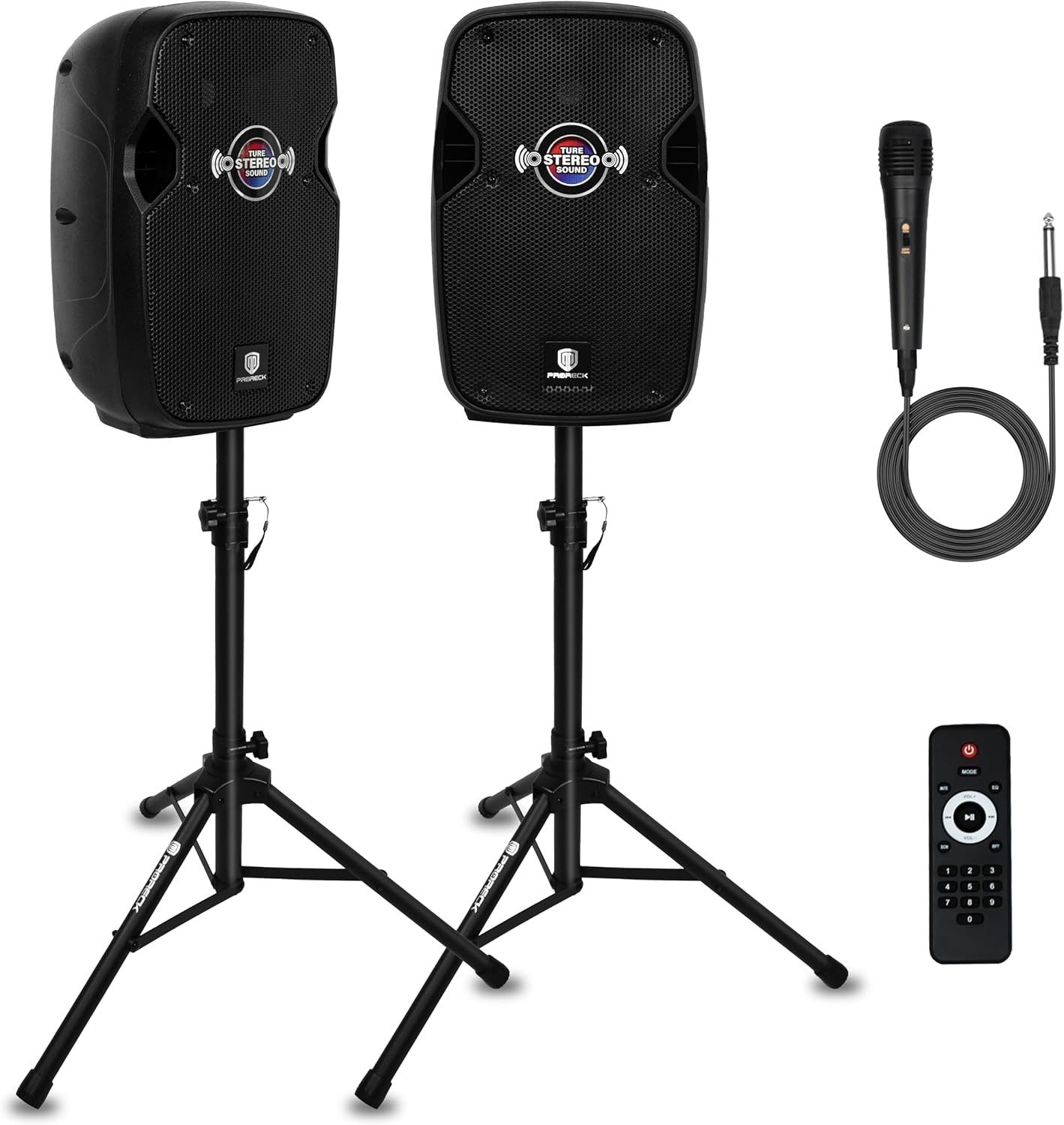 PRORECK Impact 10 10-Inch Stereo Speakers, 800W Peak Power Bluetooth PA Speaker System with Wired Microphone, Speaker Stands & Remote – Portable DJ Speaker for Parties, Events, Karaoke, Outdoor Use