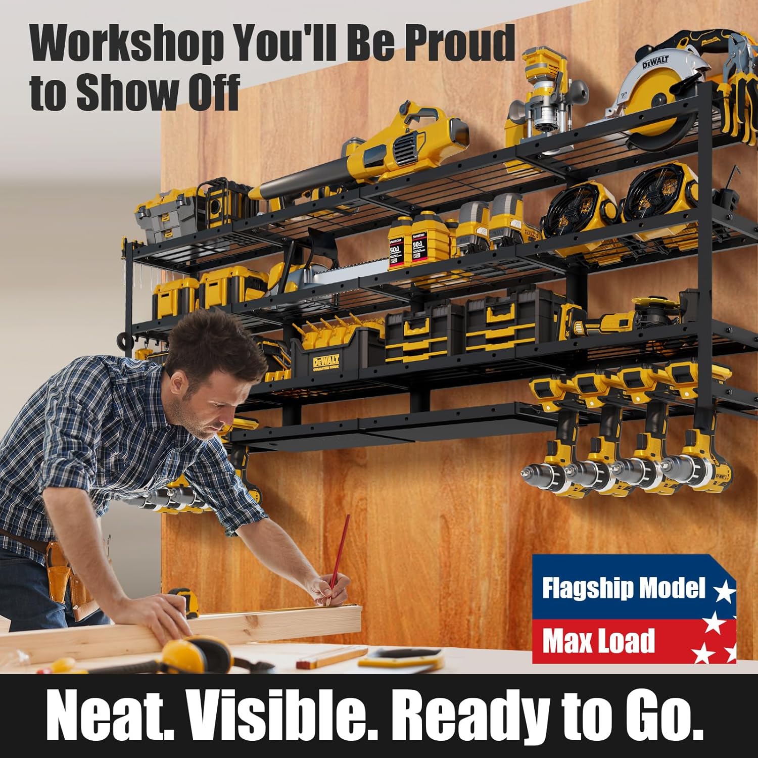 XLarge 64''W Power Tool Organizer Wall Mount | Modular&Corner-Fit 820lbs Garage Storage Rack with 8 Cordless Drill Holder | 4-Tier Heavy Duty Utility Shelf for Battery Workshop Organization