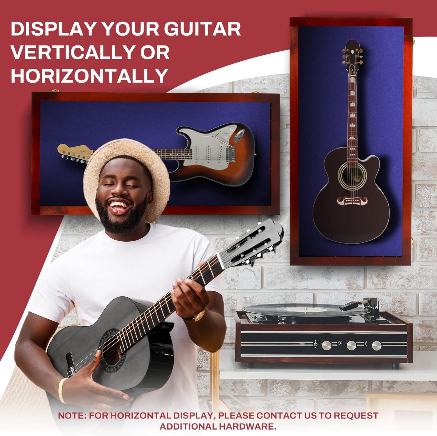 PENNZONI Extra Large Acoustic Guitar Display Case - Wall Mount Display Case for Acoustic/Electric Guitars - Ultra Clear Acoustic Guitar Solid Wood Frame Display Case | Cherry, Blue Felt