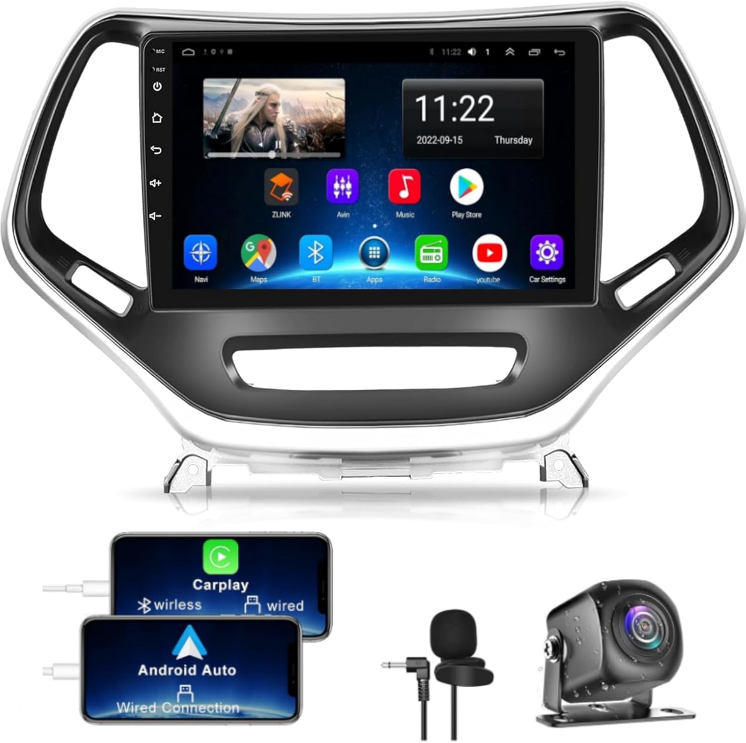 Android Car Radio for Jeep Cherokee 2013-2018, 10.1 Inch Head Unit Car Stereo with IPS HD Touch Screen, Wireless CarPlay, Android Auto, GPS, WiFi, Backup Camera, SWC, Bluetooth 5.2, 4+64GB