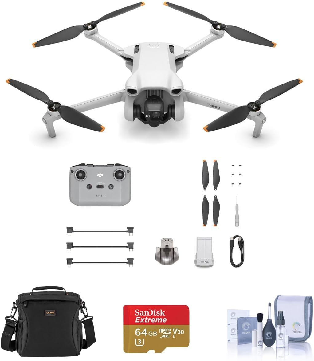 DJI Mini 3 Drone with RC-N1 Remote Controller Bundle with 64GB microSD Card, Shoulder Bag, Cleaning Kit