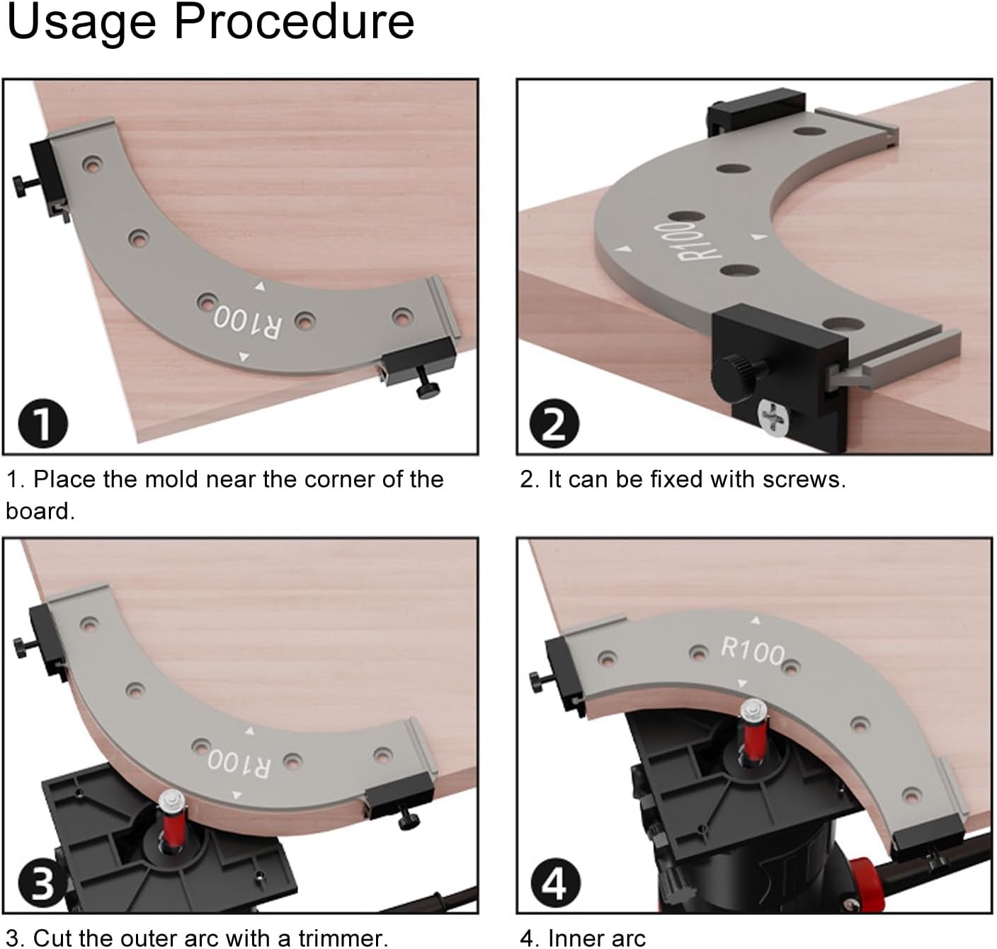 5PCS Woodworking Round Corner Radius Templates, R100, R150, R200, R250, R300, Router Radius Jigs for Woodworking, Plastic Material, Inside Outside Corner Radius Routing Templates