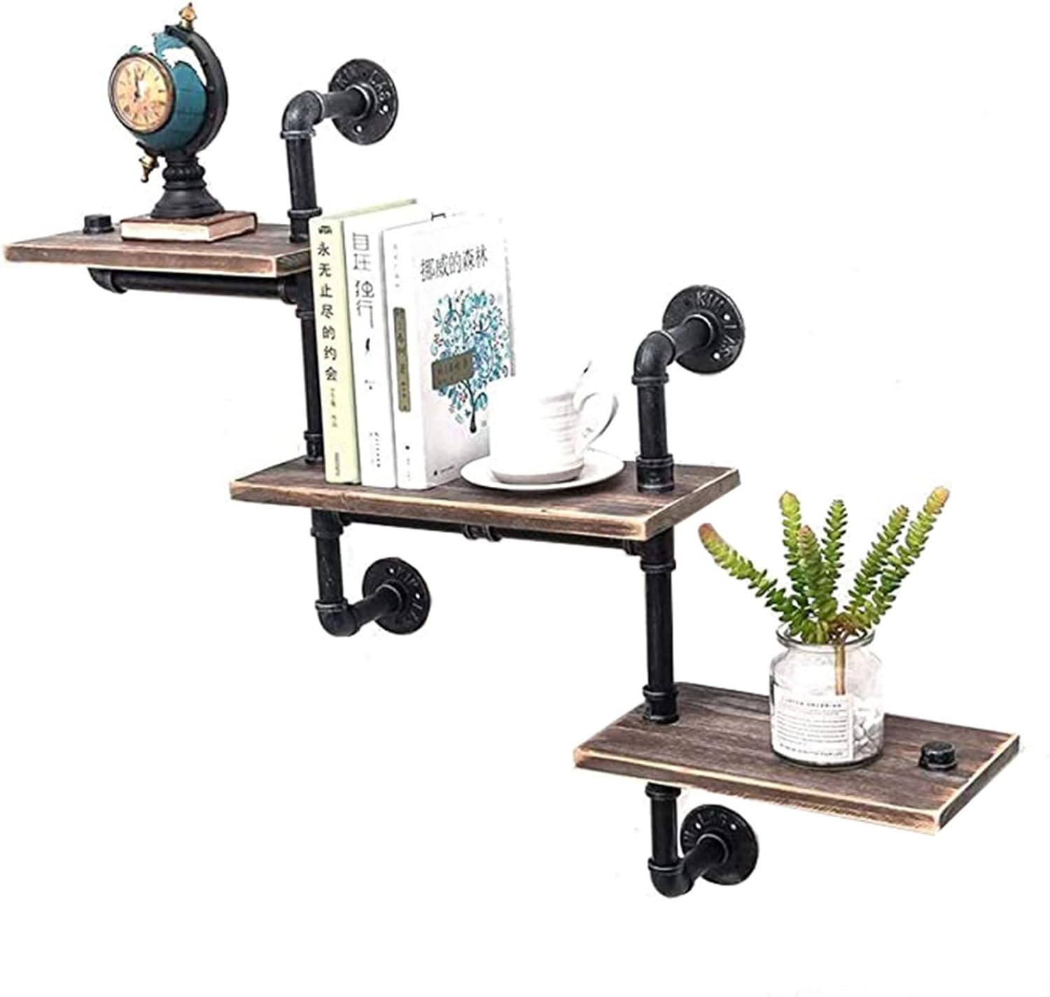 Retro Industrial Pipe Wall-Mounted Corner Stand, Rustic Utility Storage Shelves, Wood Storage Floating Shelves, Home Bookshelf Shelf