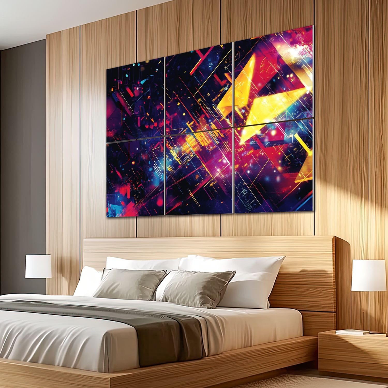 6 Pack Art Acoustic Panels Sound Absorbing Math Tv Triangles Bright Yellow Electric Blue Dynamic Lines Neon Art Decorative Soundproof Wall Panels Self Adhesive for Recording Studios Office 72