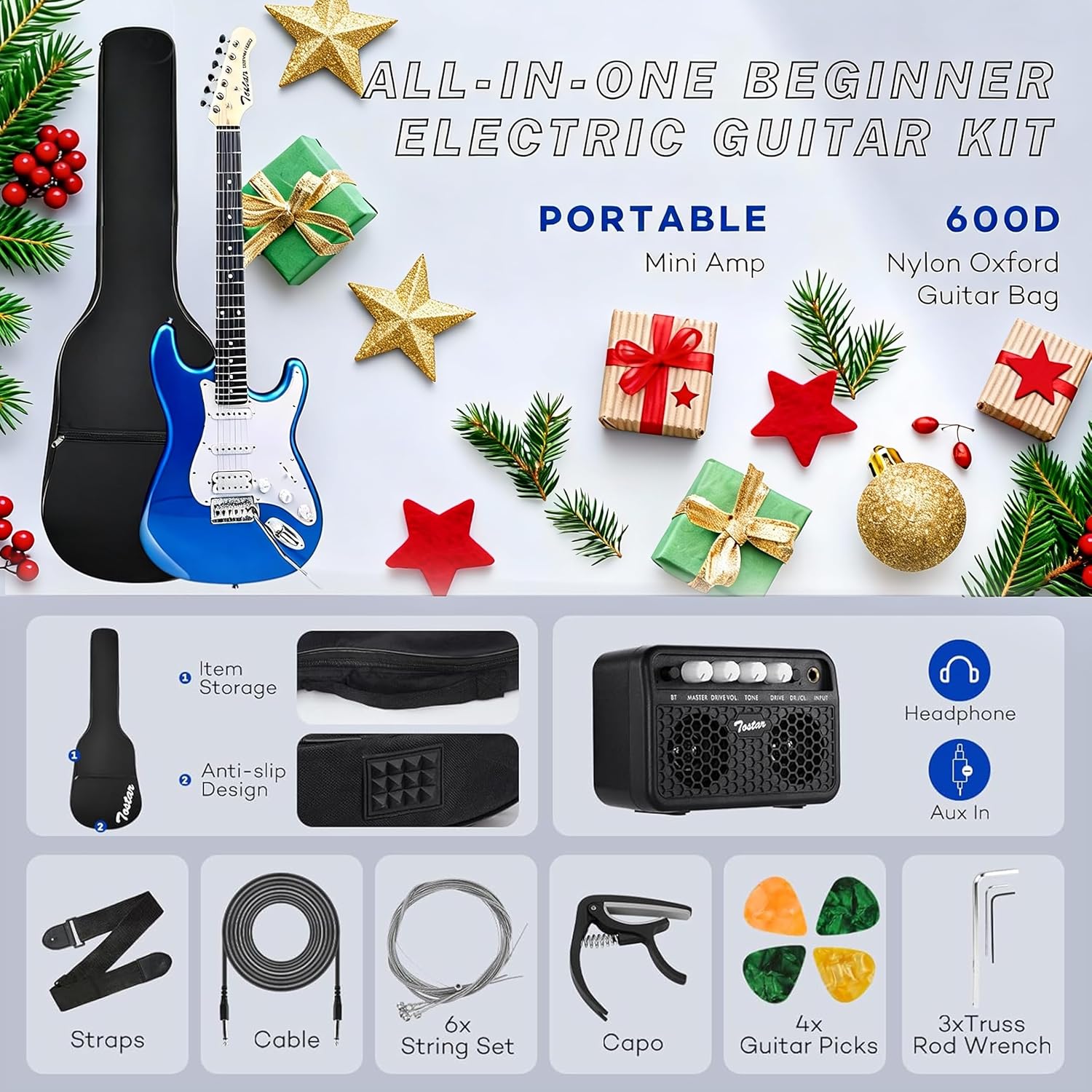 Tostar Electric Guitar Full Size Kit for Beginners 6 String with Amp SSH Pickup with Gig Bag,Capo,Tremolo,Tuner, Strap, Picks Blue Electric Guitars Stratocaster 39