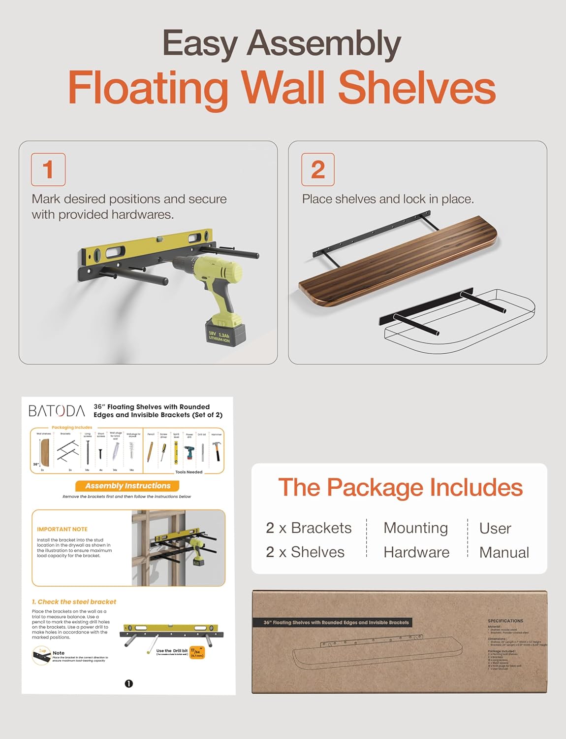 BATODA Set of 2 36” Acacia Floating Shelves for Wall (Round Edge) - Floating Bookshelf Wall - Storage Wood Shelves for House Decor, Kitchen, Bathroom - Brackets and Hardware Included (Walnut Color)