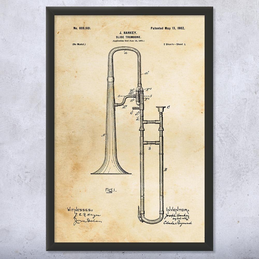 Framed Slide Trombone Print, Horn Player Gift, Trombone Wall Art, Brass Band Gift, Trombone Design, Orchestra Art Vintage Paper (18x24)