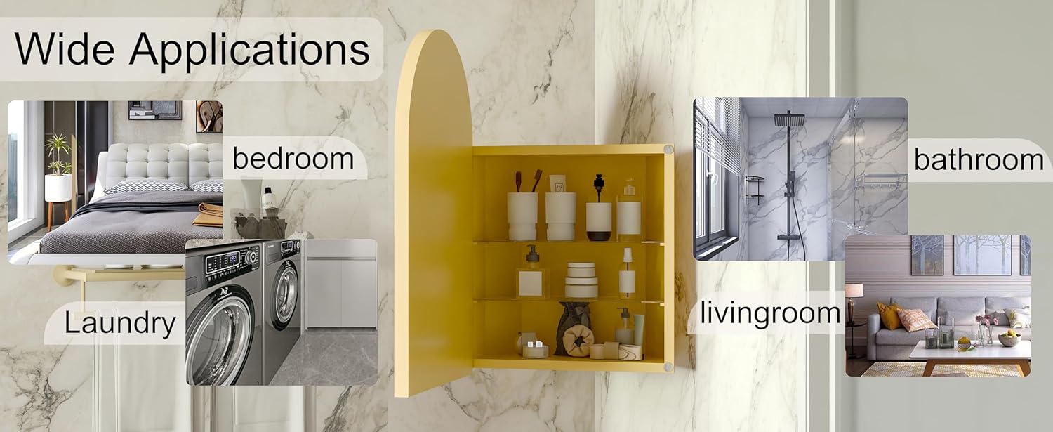 Space-Saving Metal Corner Medicine Cabinet with Arched Mirror & Adjustable Glass Shelves – Wall-Mounted Bathroom Storage Organizer for Small Spaces (Golden)