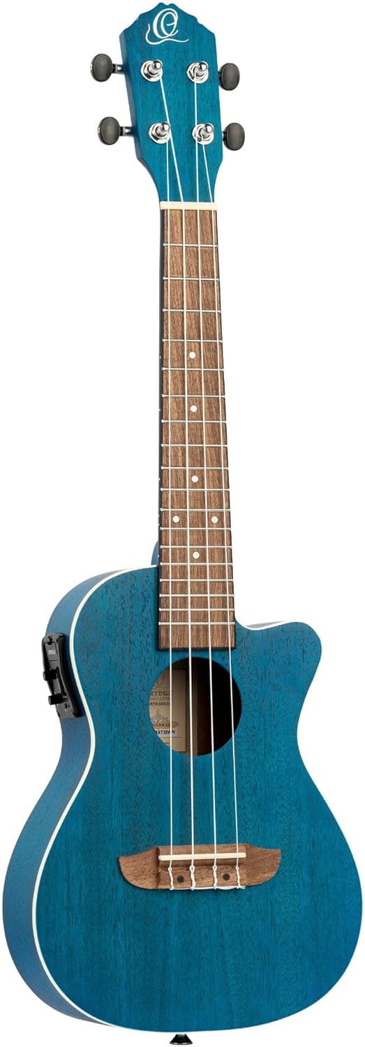 Ortega Guitars, 4-String Earth Series Concert Acoustic/Electric Ukulele, Right, Transparent Ocean Blue, (RUOCEAN-CE)
