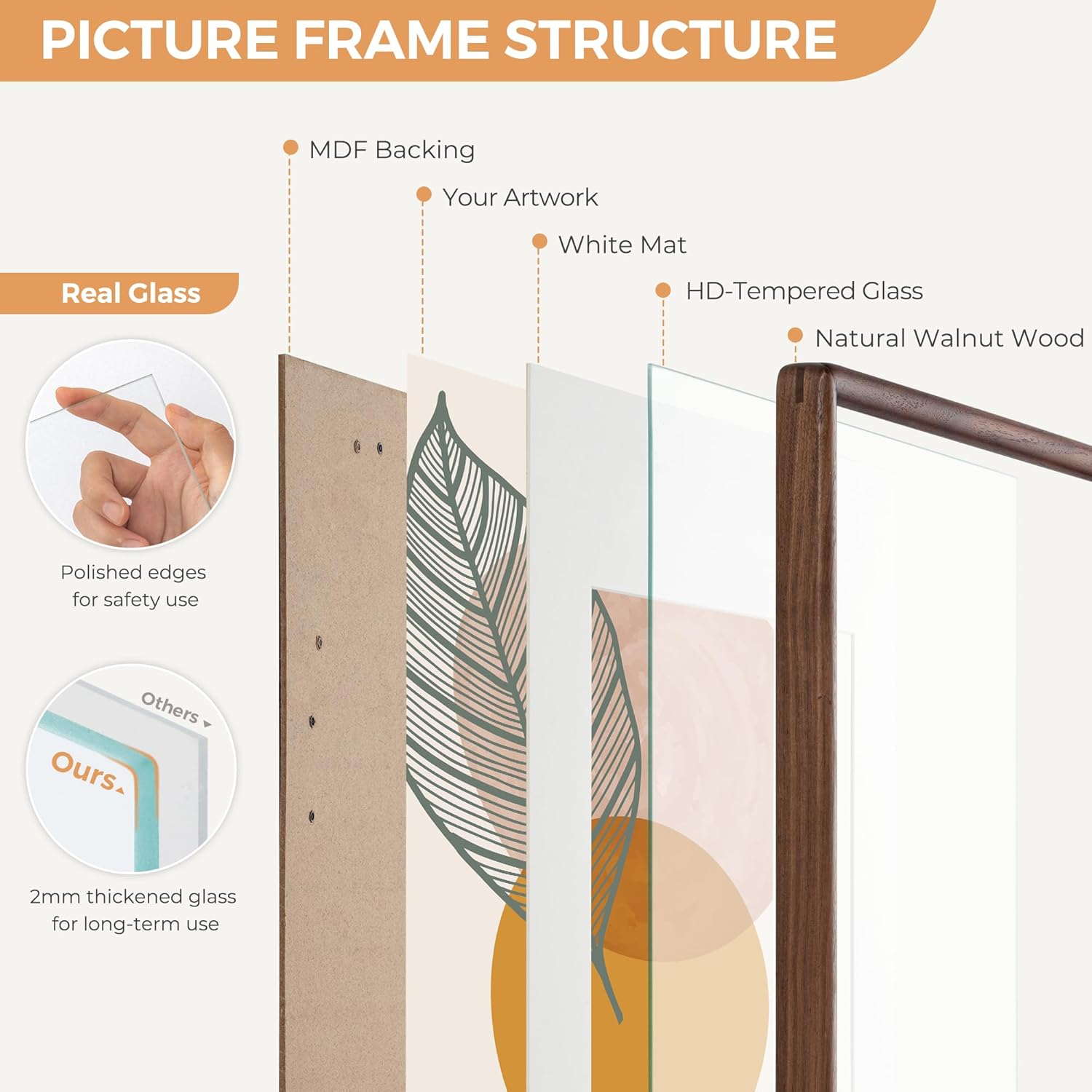 Axeman 11 x 14 Walnut Frame Set of 3 - Rounded Corner 11x14 Picture Frame Matted to 8x10 - Natural Walnut Wood 14x11 Photo Frame with Tempered Glass for Wall Mount Display
