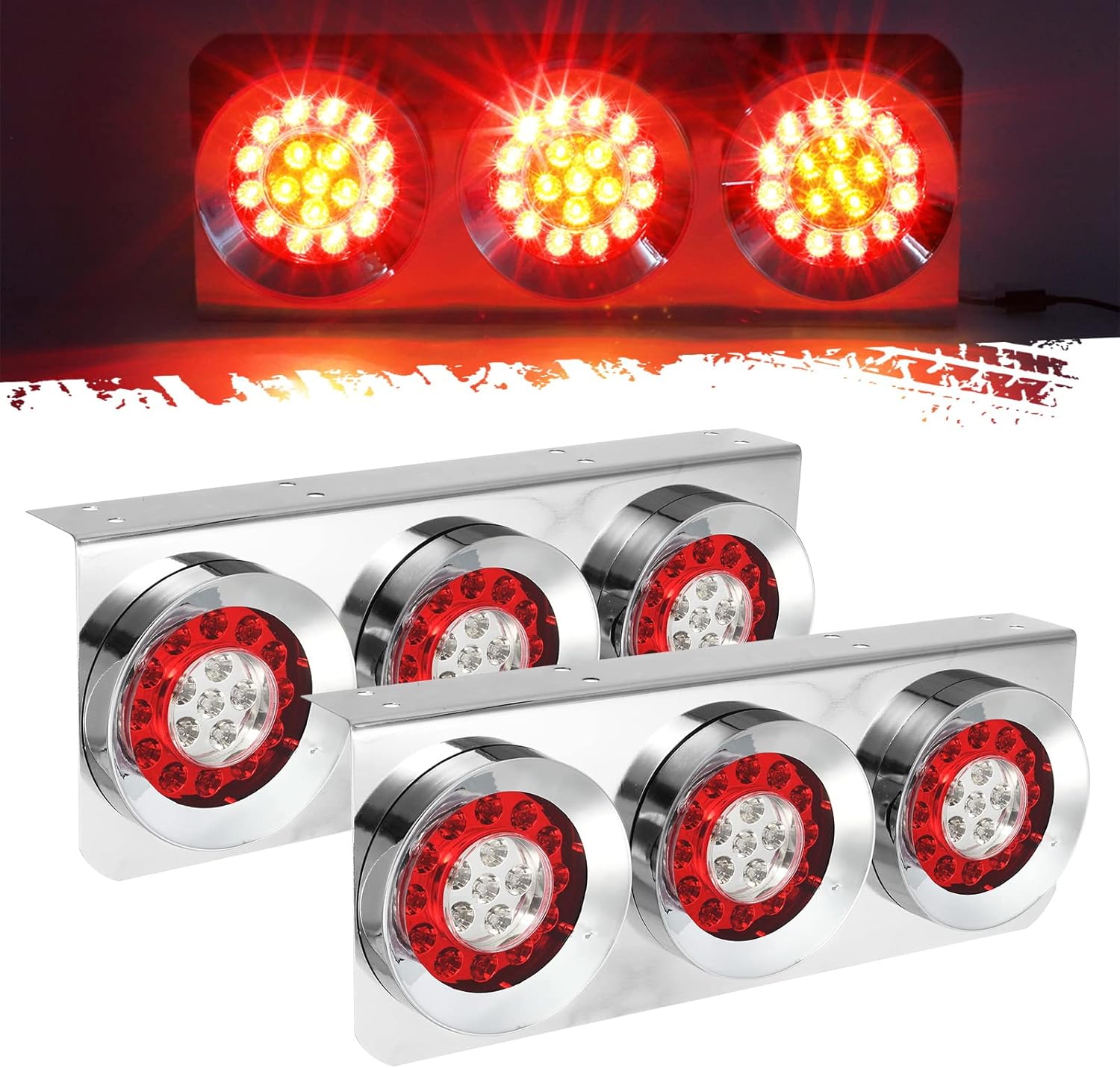 Partsam 2Pcs 54 LED Truck Trailer Tail Lights Bar with Chrome Iron Bracket Base Waterproof 24V 4 Inch Round Led Trailer Tail Lights Bar Stop Turn Signal Running Parking Lights Lamps RV Camper