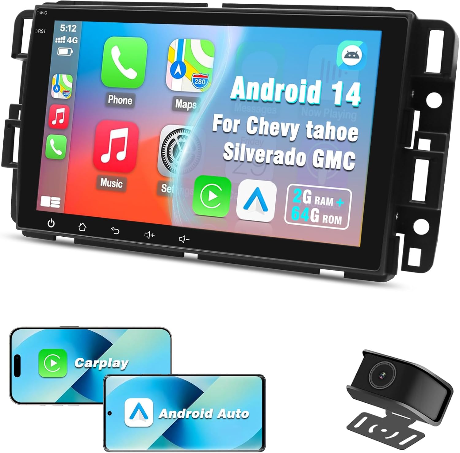 Android 13 Car Stereo for GMC Sierra Yukon Chevrolet Buick Chevy Silverado – 8 Inch IPS Touch Screen, Wireless CarPlay/Android Auto, 2G+64G, Bluetooth/GPS/WiFi, HD Waterproof Backup Camera