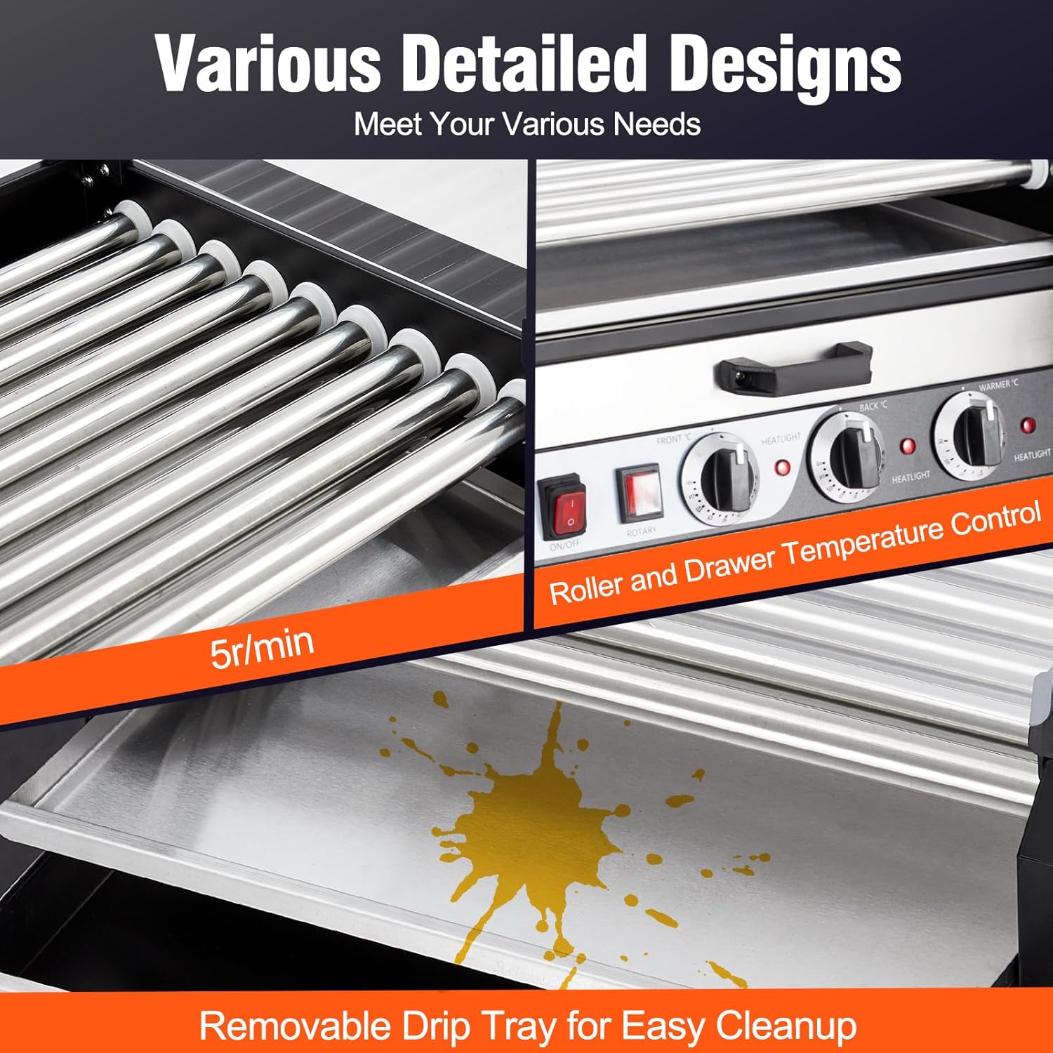 Hot Dog Roller, Electric 24 Hot Dog Capacity 9 Roller, 1650W Sausage Grill Cooker Machine w/Bun Warmer Shelf, Dual Temp Control, Removable Oil Drip Tray, Cover, Stainless, Commercial Grade