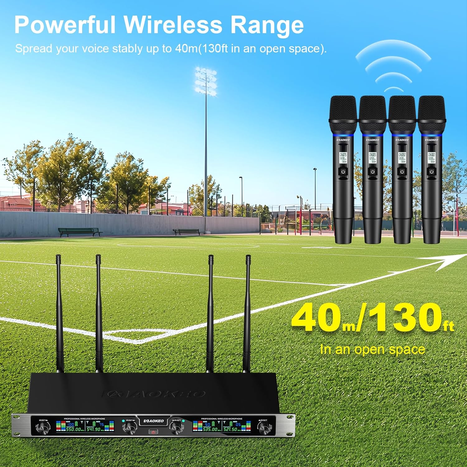 Aokeo Wireless Microphones System, 4 Channel UHF Wireless Mics,with 4 Handheld Dynamic Microphones,Metal Receiver for Karaoke,Singing,Wedding,Party,Speech