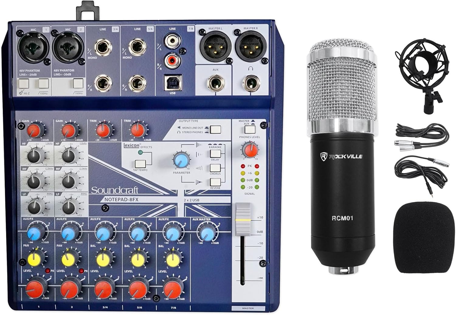 Audiosavings Bundle: Soundcraft Notepad-8FX 8-Channel Podcast Mixer Podcasting Interface, USB+Effects Bundle with Rockville RCM01 Pro Studio Recording Condenser Microphone Mic+ Shock Mount (2 Items)