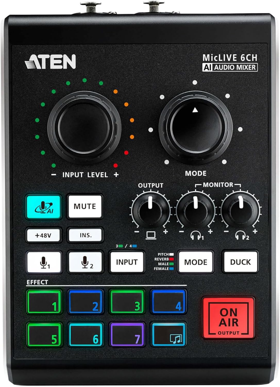 ATEN UC8000 MicLIVE 6-CH Podcast Audio Mixer AI | Built-in Phantom Power, XLR TRS connectors Mic or Instrument Input, USB-C Audio-In, Livestreaming, Podcasting, Audio Recording for Windows and Mac OS