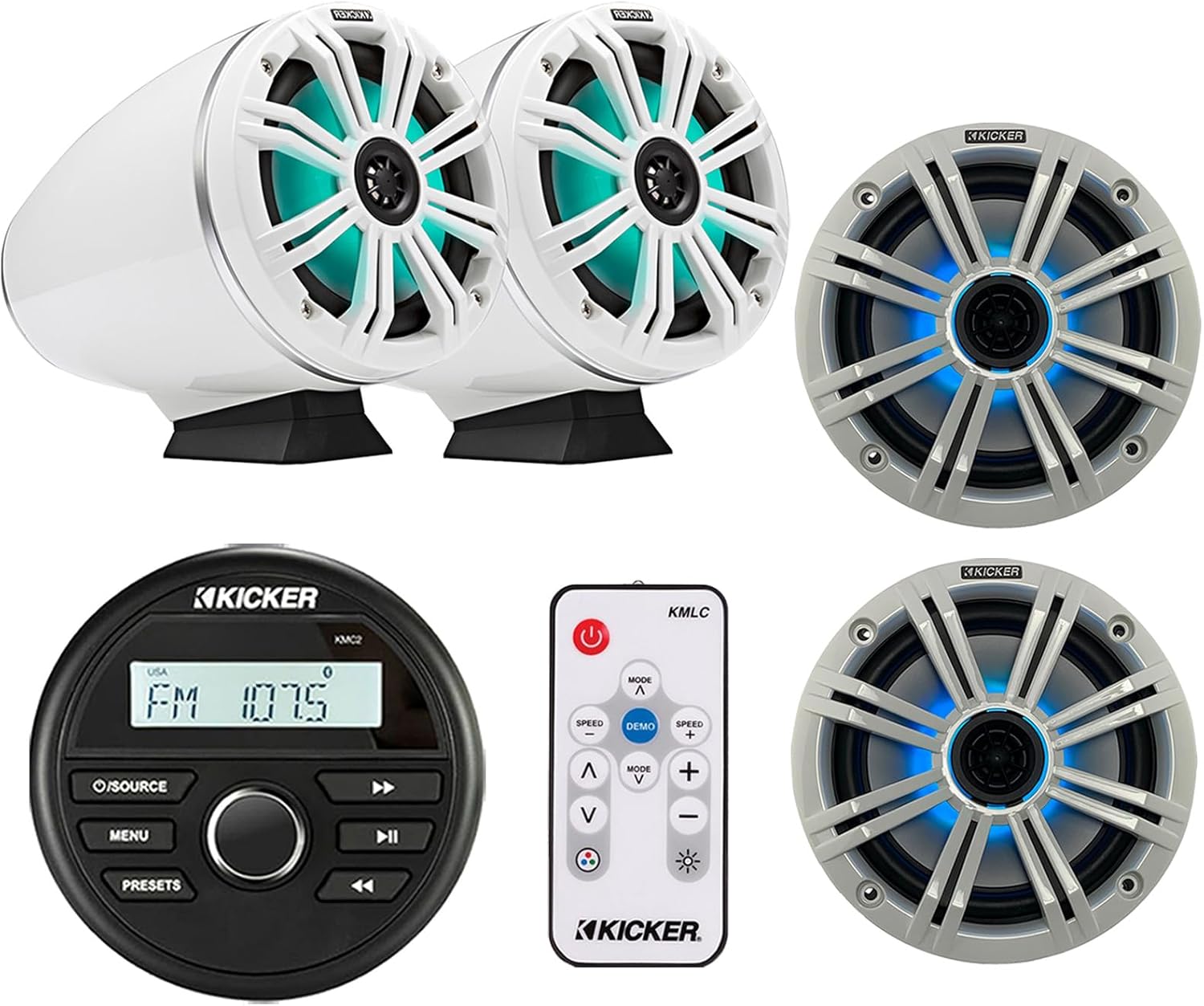 KICKER All-Weather Gauge Style Bluetooth Media Center Receiver, 2X 6.5 195W Max White Marine Multicolor LED Loaded Tower Speakers, 2X 6.5 OEM Replacement White LED Boat Speakers, LED Remote