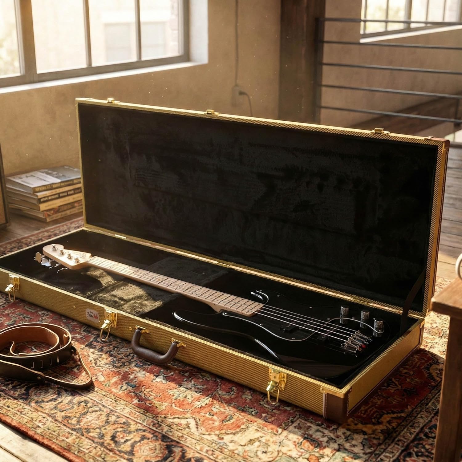 Gearlux Bass Guitar Hard Case, Fits Fender Precision/Jazz Bass and More with Exterior Lock and Key, Interior Accessory Compartment, and Plush Interior Padding - Tweed