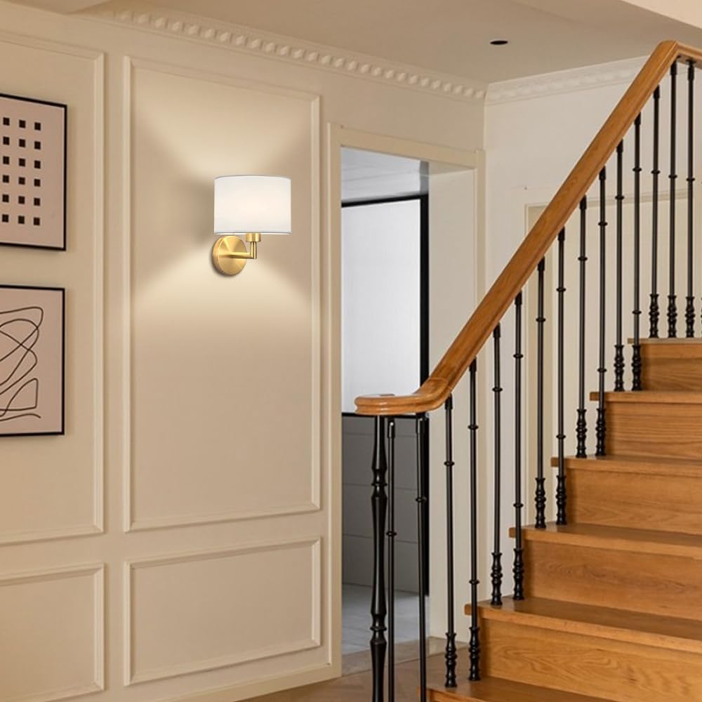 Drum Fabric Wall Sconces, Vintage Industrial Hardwired Boho Wall Sconce Bedside Light with Drum Shade, Rustic Indoor Wall Mount Light Fixtures for Dining Room Living Room Bedroom Hallway