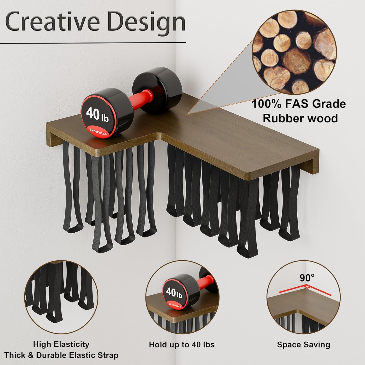 Floating Bookshelves for Wall Set of 2 - Corner Floating Shelves for Books, Rubberwood Wall Mount Bookshelf, Unique Wall Bookshelf with Elastic Strap,Hanging Bookshelves for Wall-Walnut Color