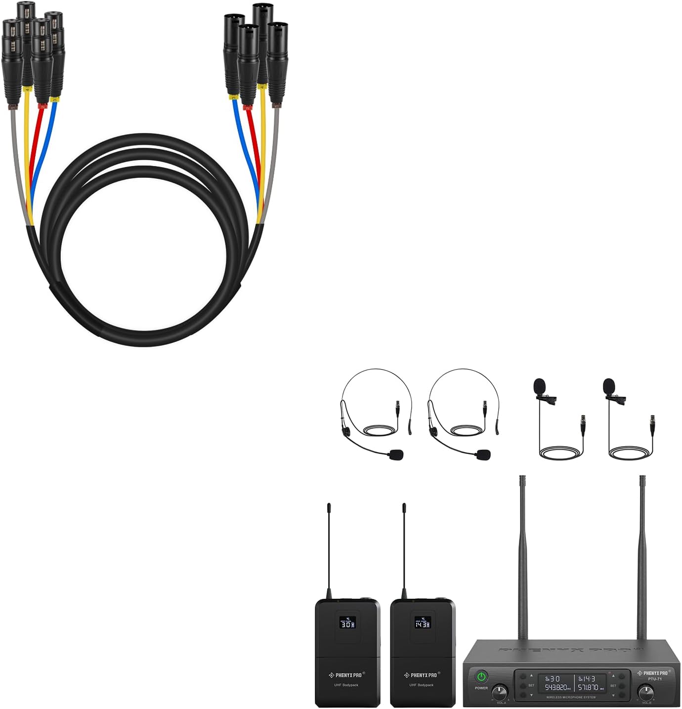 Phenyx Pro Dual Wireless Microphone System PTU-71-2B Bundle with 10ft XLR Snake Cable PCBL-4IN1-10