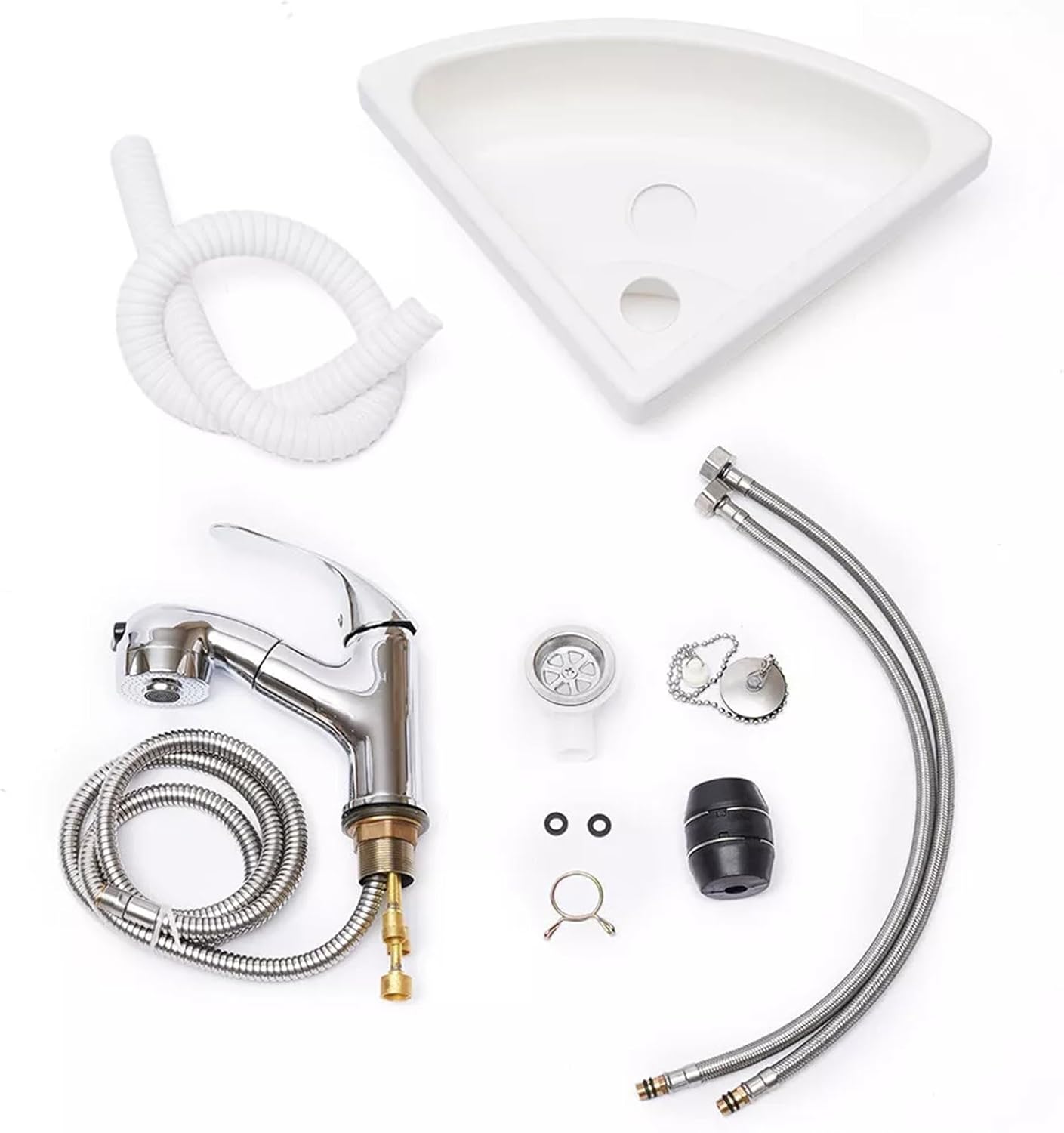 Wall Mount Corner Bathroom Sink, RV Corner Sink Acrylic Triangle Wall-Mounted Bathroom Basin with Faucet & Hose for Camper Van Boat Caravan, White