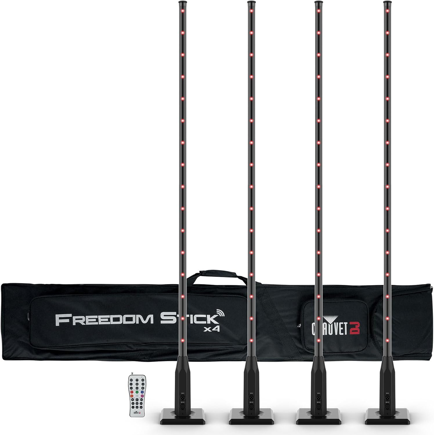Audiosavings Bundle: Chauvet DJ Freedom Stick X4 (4) Wireless Battery RF LED DMX Light Sticks+Remote Bundle with (4) Rockville RDX3M25 25 Foot 3 Pin DMX Lighting Cable 100% OFC Copper (5 Items)