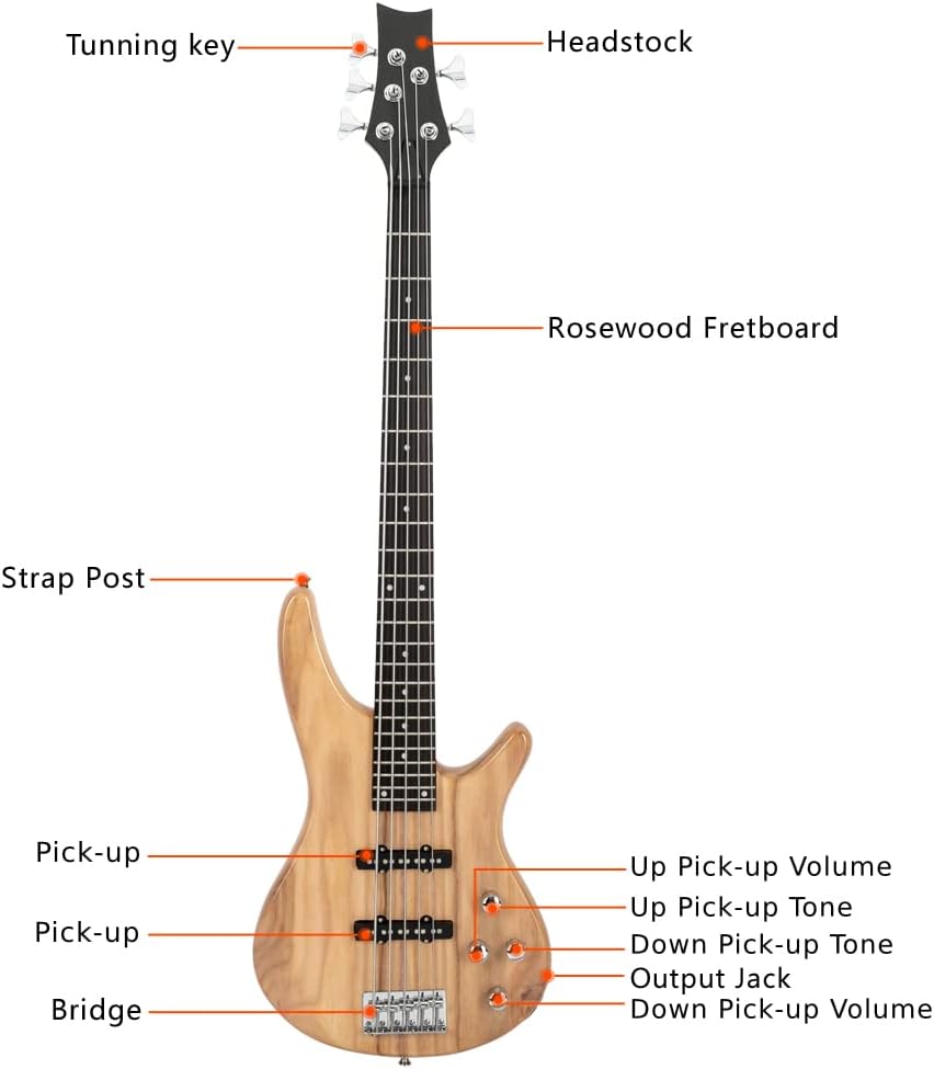 Lykos Exquisite Stylish GIB Electric 5 String Bass Guitar Full Size Bag Strap Pick Connector Wrench Tool (Burlywood)