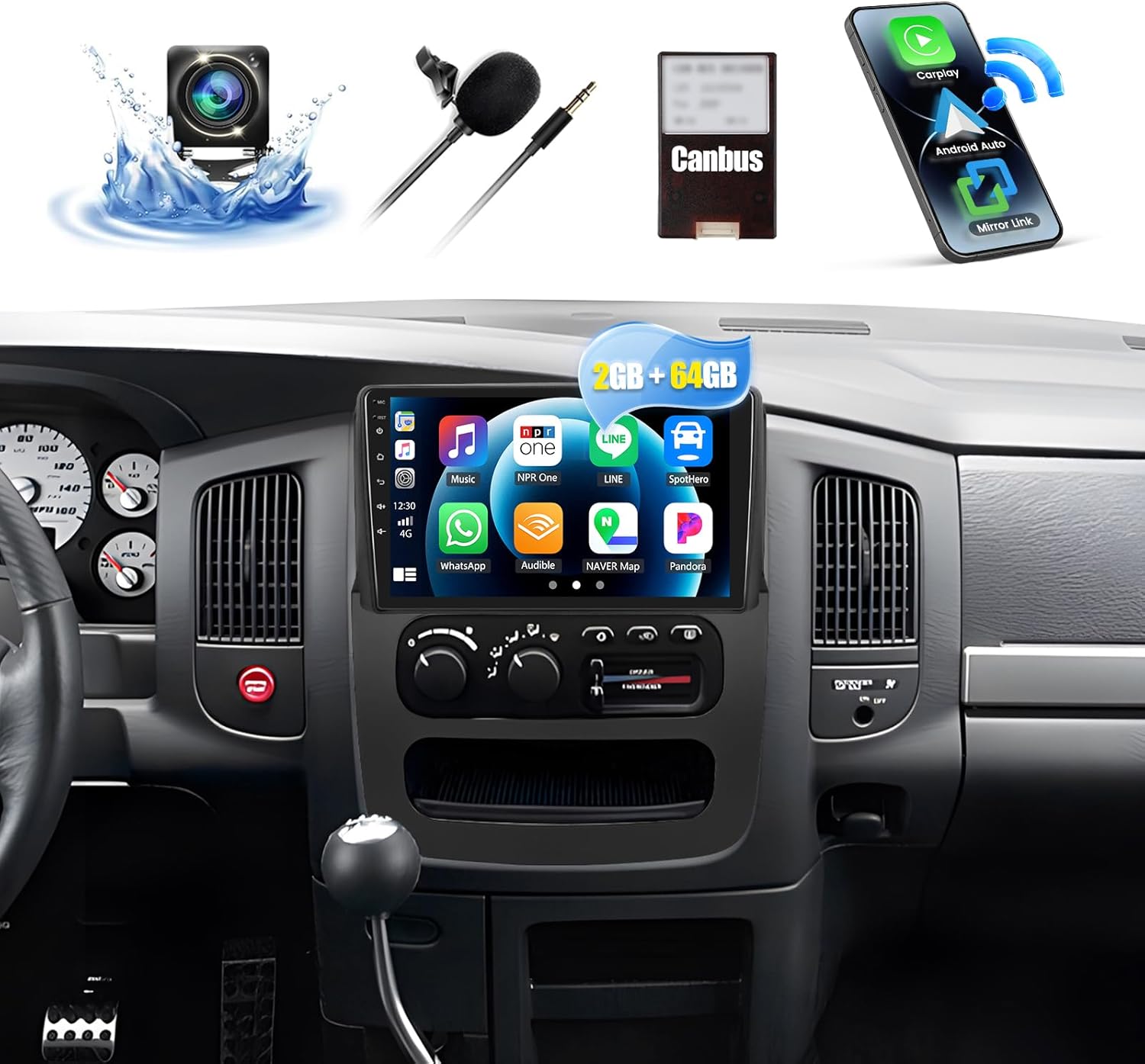 2G+64G Car Stereo Radio for Dodge Ram 1500 2500 3500 2003 2004 2005 with Wireless CarPlay Android Auto Bluetooth WiFi GPS Navigation, Android 13 Car Radio, 9
