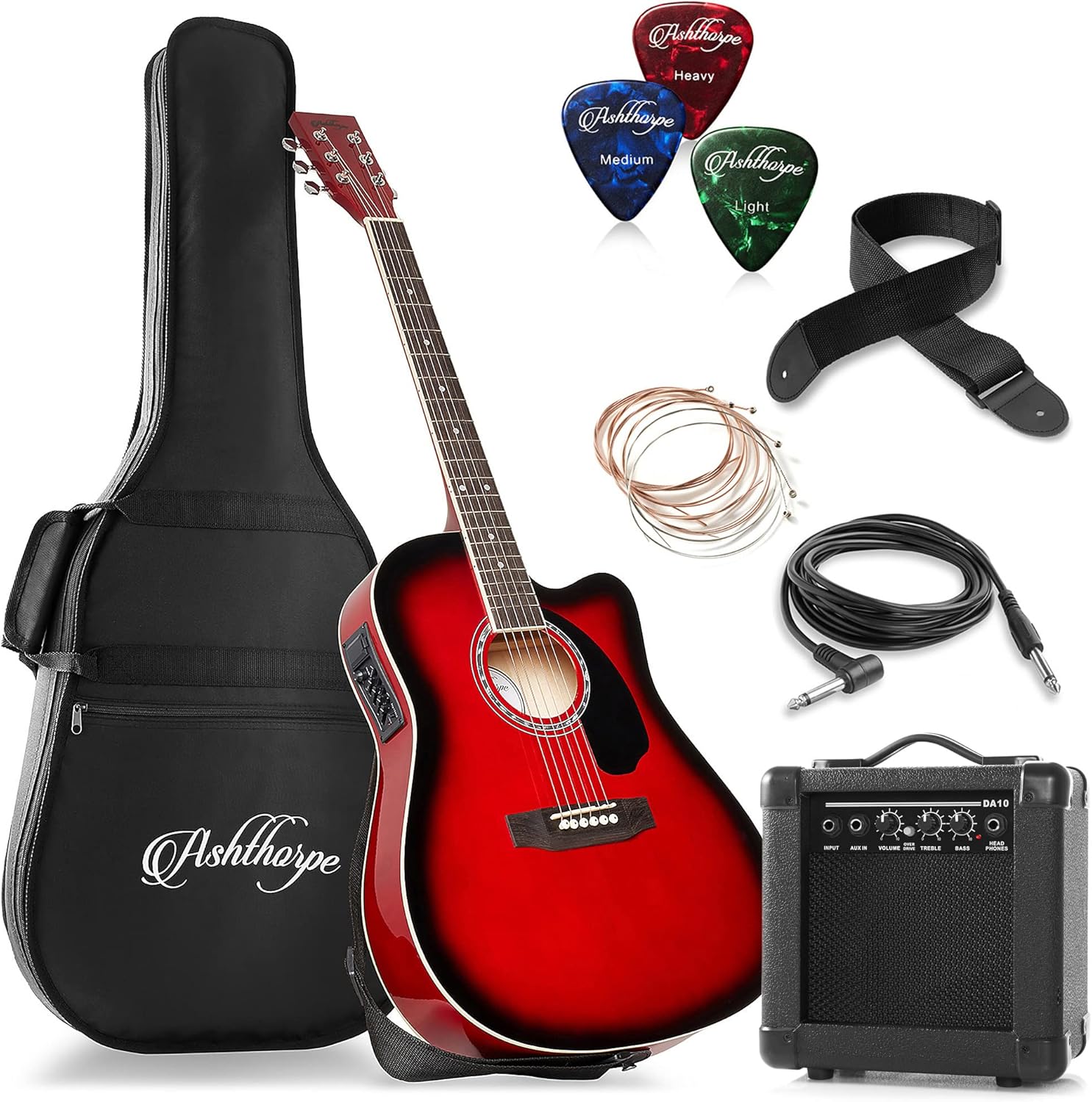 Ashthorpe Full-Size Thinline Cutaway Acoustic Electric Guitar Package with 10 Watt Amp - Red