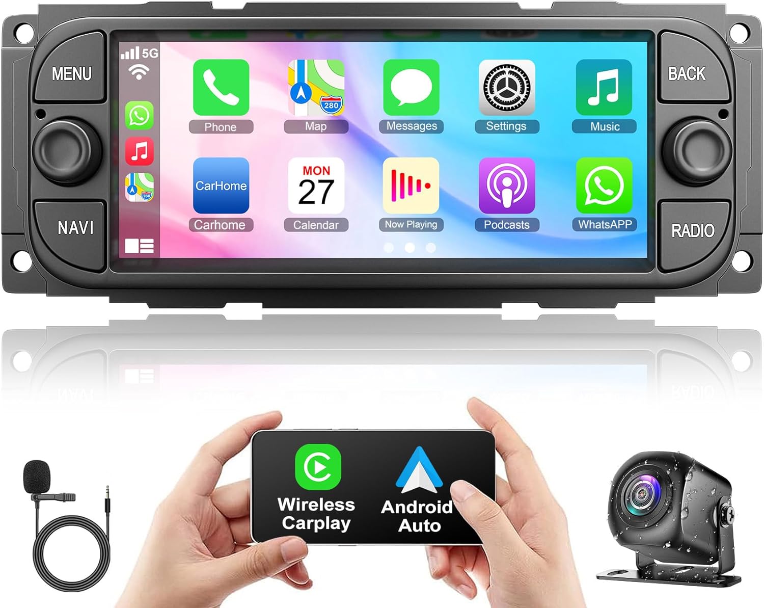 [4G+64G] Car Radio for Dodge RAM 2002 2003 2004 2005 2006, for Jeep Wrangler 2003 2004 2005 2006,Jeep Grand Cherokee 1999-2004, Support Wireless Carplay&Android Auto, 6.8 inch IPS Touchscreen