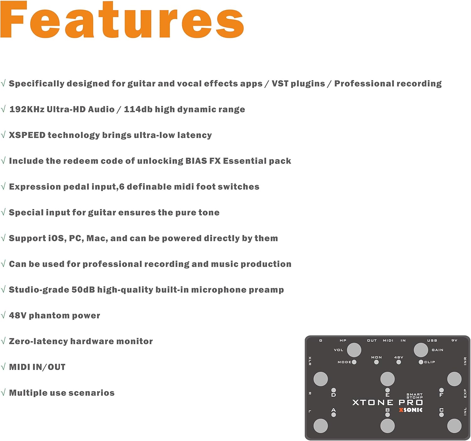 XTONE PRO 192K Professional Mobile Audio Interface & Ultra Low Latency & 192KHz & 114dB & Two input & Mic preamp & expression pedal