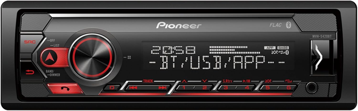 PIONEER MVH-S420BT 1-DIN Receiver with Bluetooth, Red Illumination, USB, Spotify, Pioneer Smart Sync App and Compatible with Apple and Android Devices.