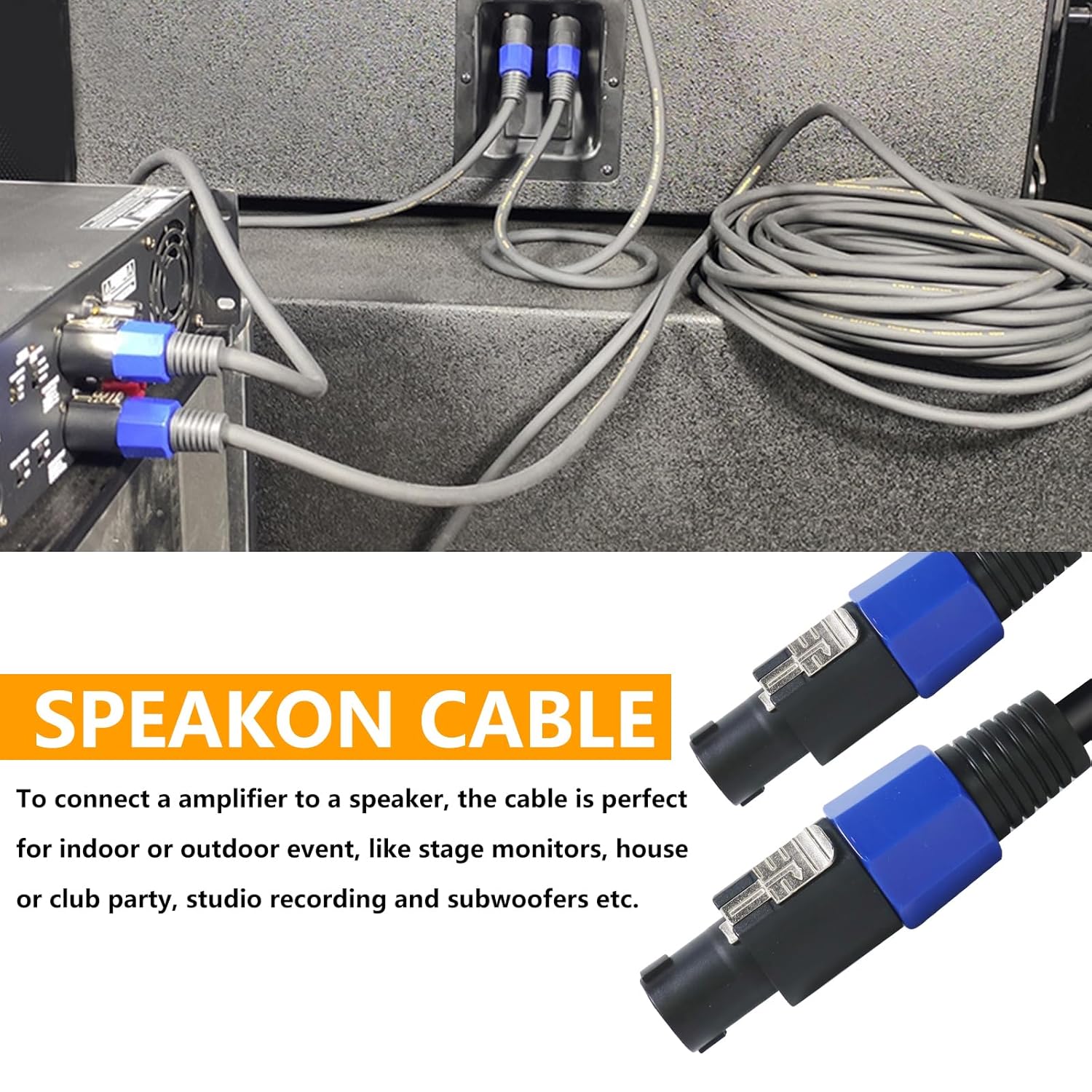 80 Feet Pack of 2 Speakon to Speakon Cables - 2pcs 80Ft NL4FC Speak-On Male Cable - Pro PA DJ Gig Pub Audio Jack Bi Wiring with Twist Lock - 16 AWG of 2 Conductor