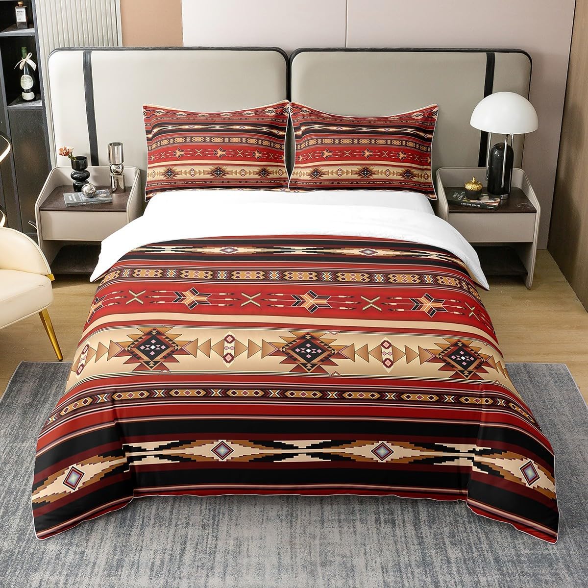 100% Cotton Aztec Bedding Set Ethnic Tribal Arrow Duvet Cover,Vintage Southwestern Native Bohemian Comforter Cover Queen,Western Star Bed Set Exotic Geometric Diamond Stripes Room Decor,Red and Black