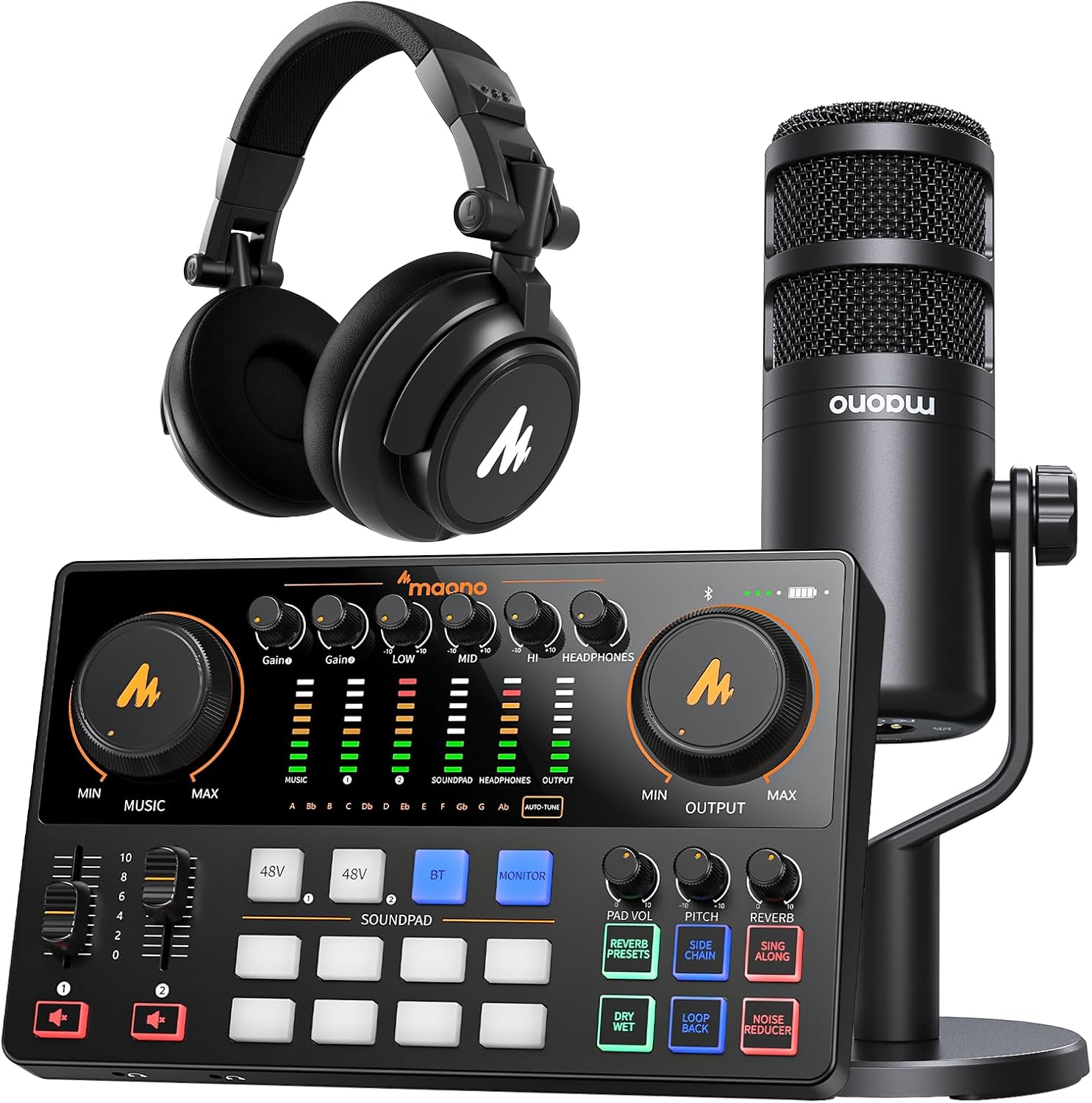 MAONO Podcast Equipment Bundle: Audio Interface, XLR Dynamic Mic and Headphones with Dual XLR Input, Quick to Mute, Noise Reduction, 8 Customize soundpads for Podcast Recording, Streaming, YouTube