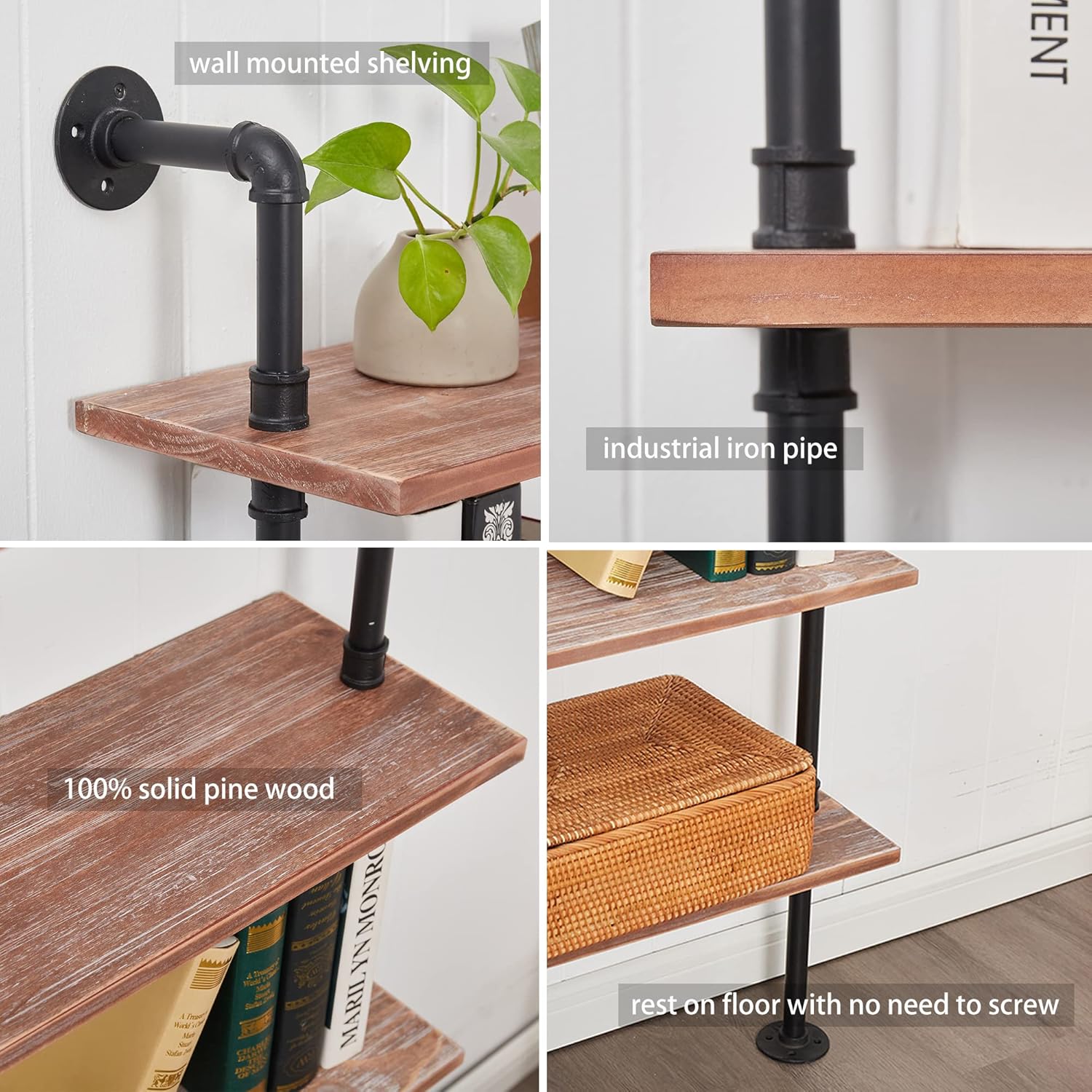 5 Tier Industrial Ladder Shelf Bookcase, Wall Mounted Wood Metal Pipe Rustic Bookshelf for Living Room (Weathered Brown, 10