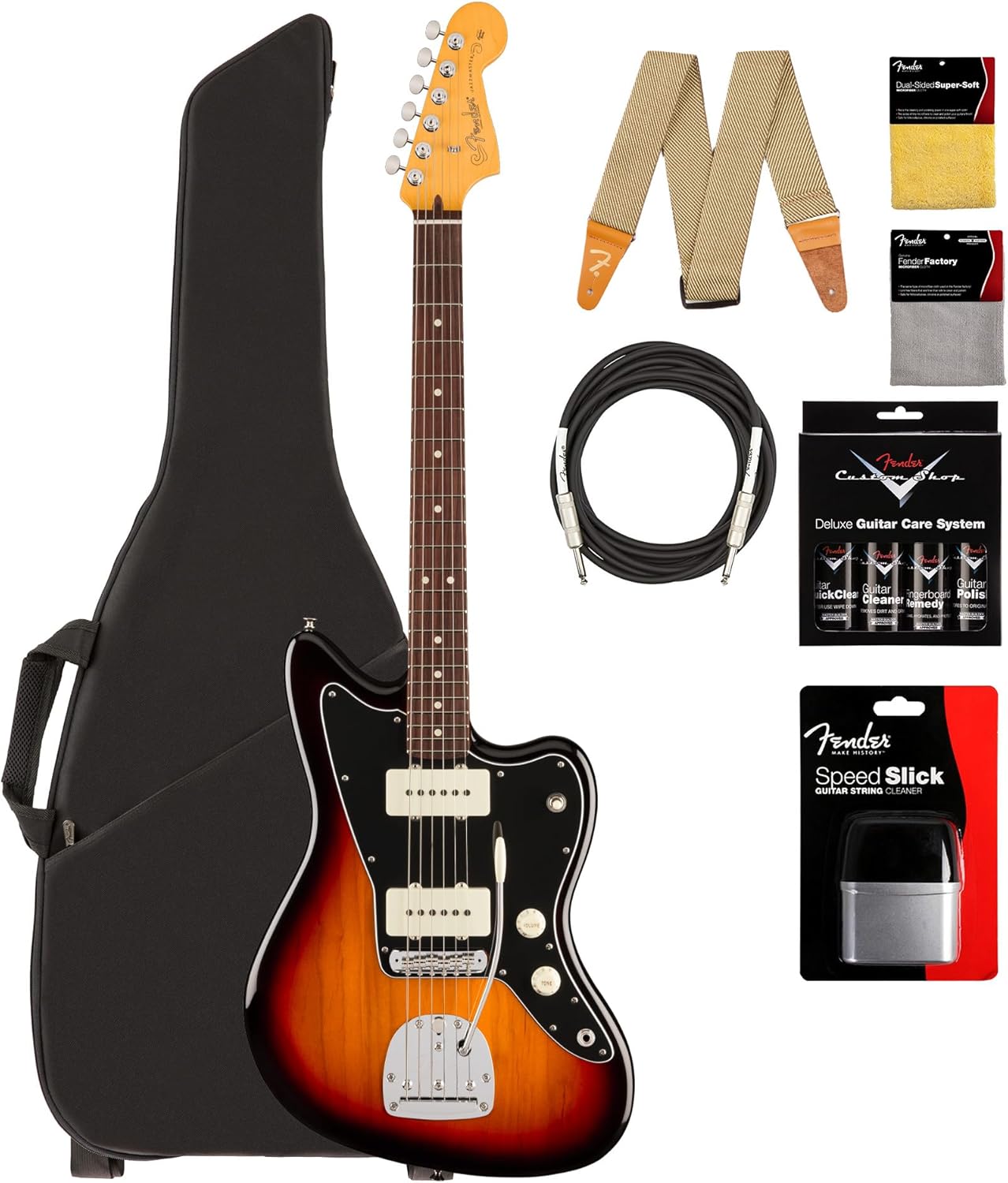 Fender American Professional Classic Jazzmaster - 3-Color Sunburst Bundle with Gig Bag, Strap, Cable, and Guitar Cleaning Kit