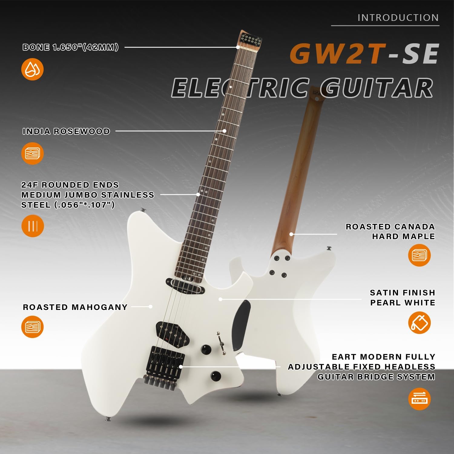 EART GW2T-SE Headless Electric Guitar, Solid Electric Guitar Roasted Mahogany Body with Roasted Canada Hard Maple Standard Artones-TSE Pickup,Satin Finish