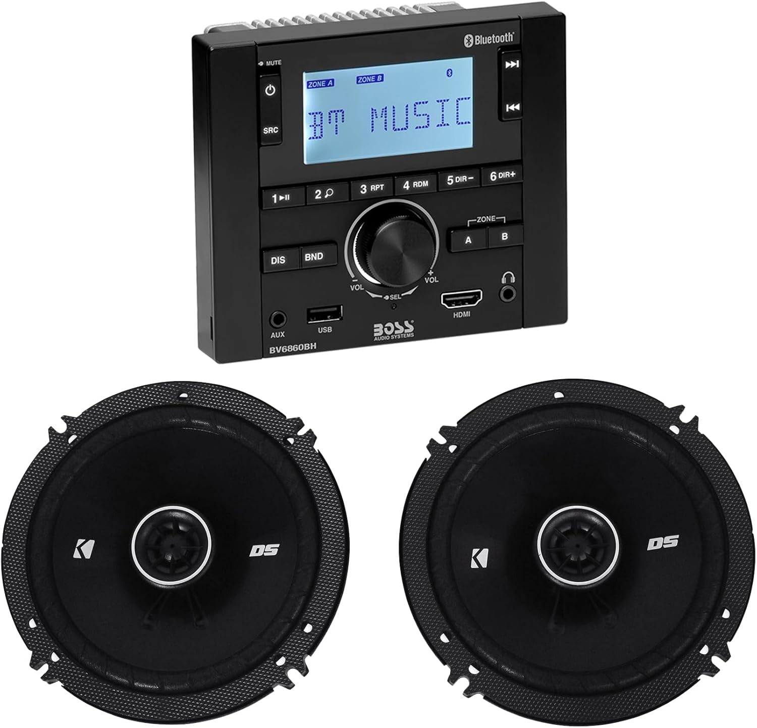 Audiosavings BV6860BH Bundle: 160-Watt Digital Media Bluetooth Receiver, AM/FM, Mobile Home RV Stereo, Pair 43DSC6504 240W peak/60W RMS 6.5-in 2-Way Car Stereo Speakers, 4-Ohm, 2-Items