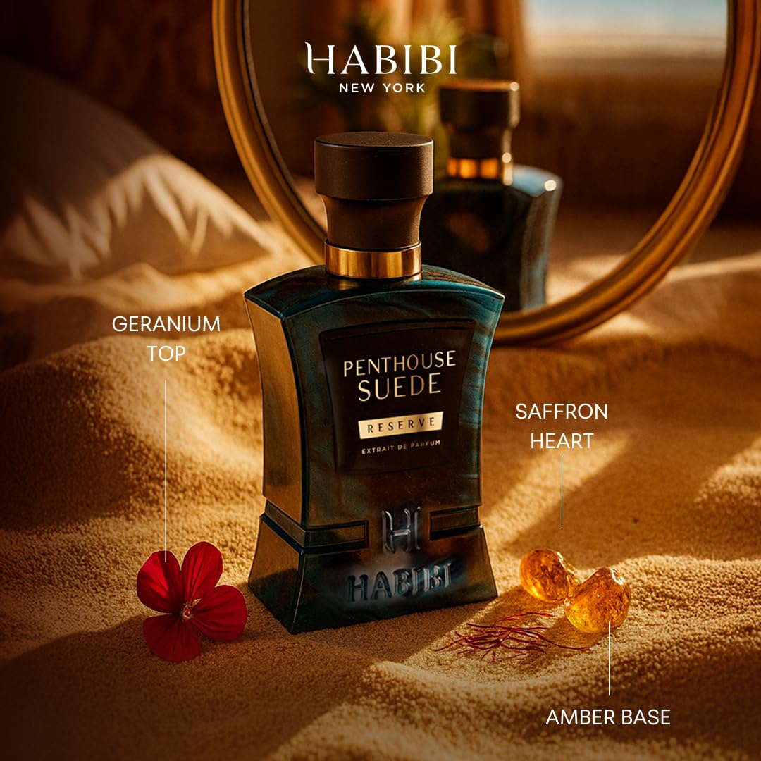 H HABIBI Penthouse Suede Extrait De Parfum – Cologne for Men & Perfume for Women, 2.5 oz Long Lasting Unisex Fragrance with Metallic & Crystal Amber Notes, Arabian Scent