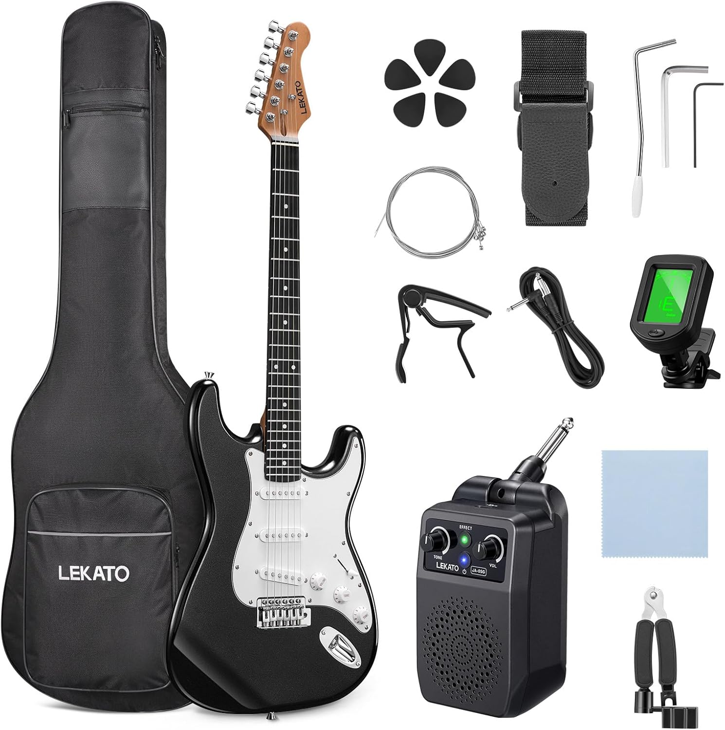 LEKATO Electric Guitar Kit Beginner 39 Inch Full Size Solid Body Guitar SSS for Starter with 5w Plug-in Amp, Bag, Tuner, Capo, Shoulder Strap, Picks, String, String Winder&Cutter - Black