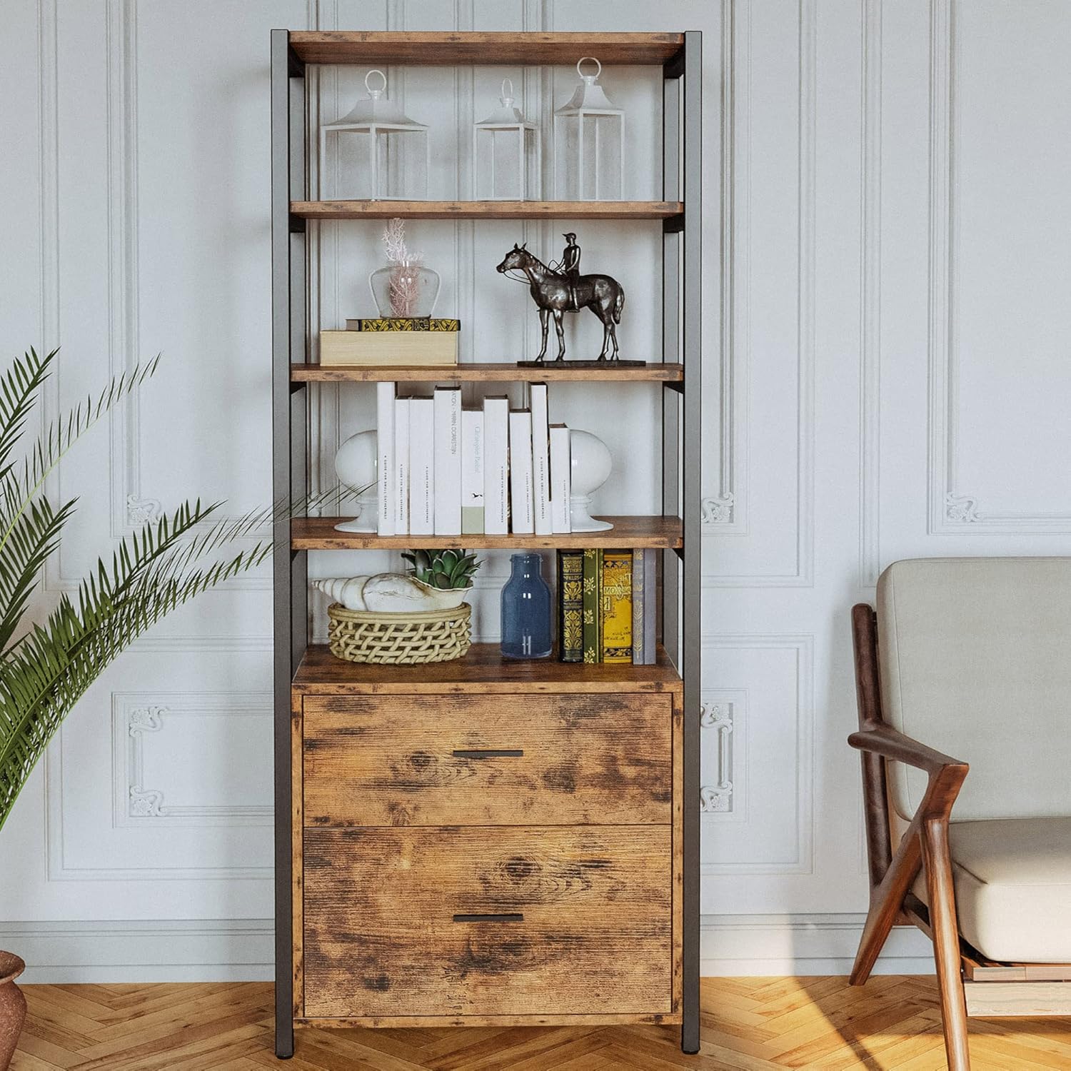 IRONCK Industrial Bookcase with File Cabinet Drawers, 71.6 in Tall Bookshelf 5 Tier, Freestanding Storage Home Office Cabinet Organizer, Rustic Home Decor, Vintage Brown